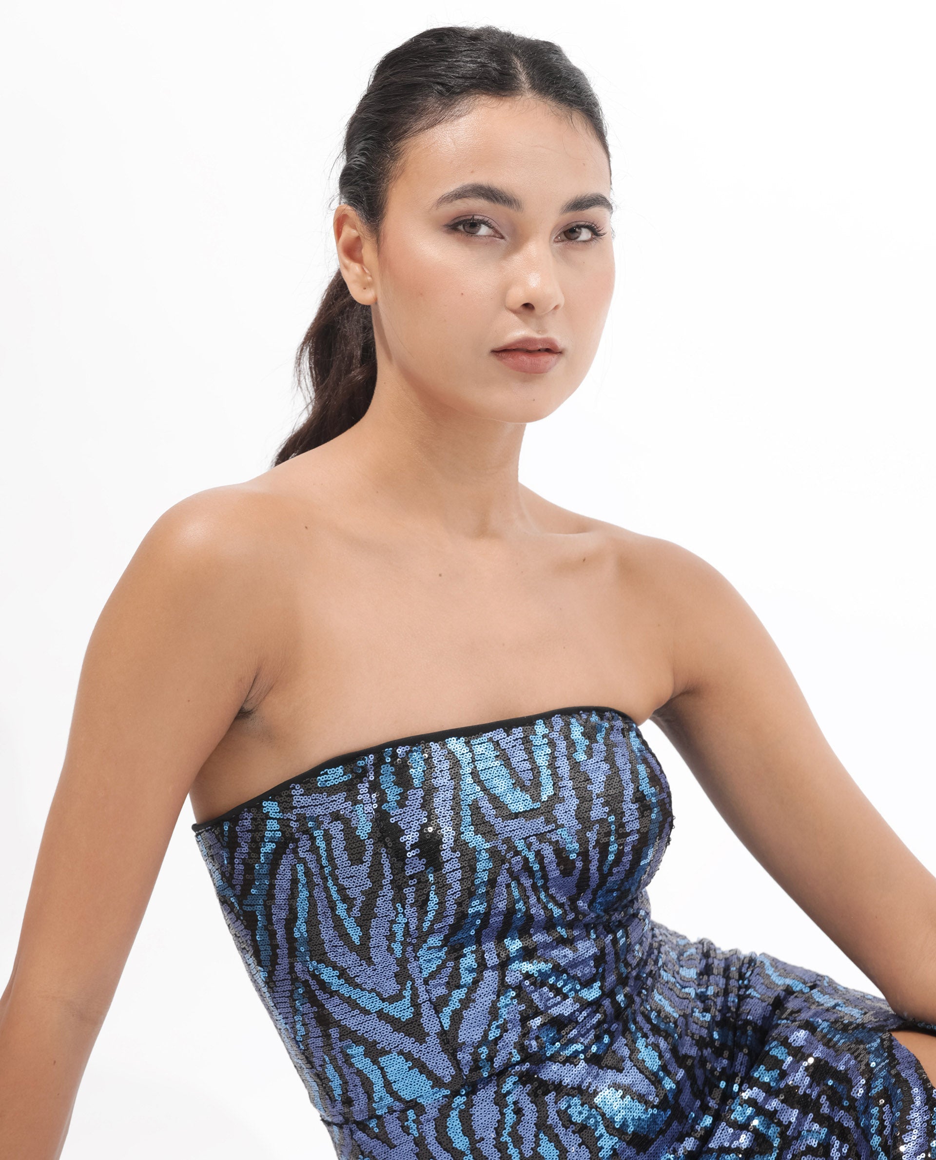 Rareism Women's Elica Sheen Multi Polyester Fabric Tube Neck Sequined Bodycon Midi Dress