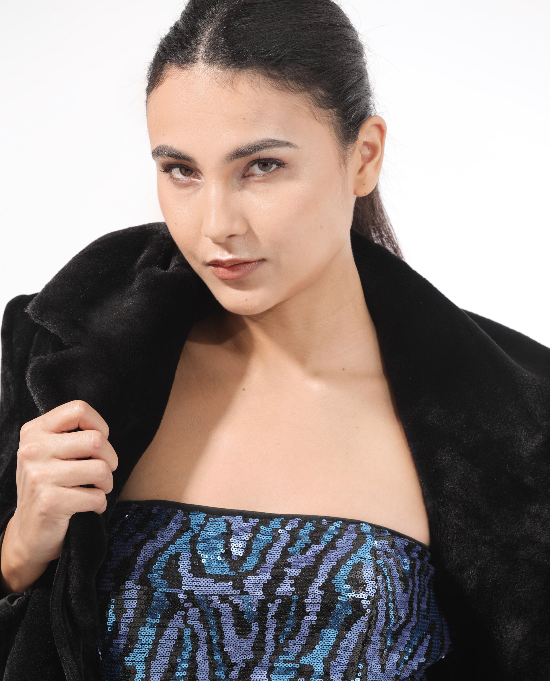 Rareism Women's Elica Sheen Multi Polyester Fabric Tube Neck Sequined Bodycon Midi Dress