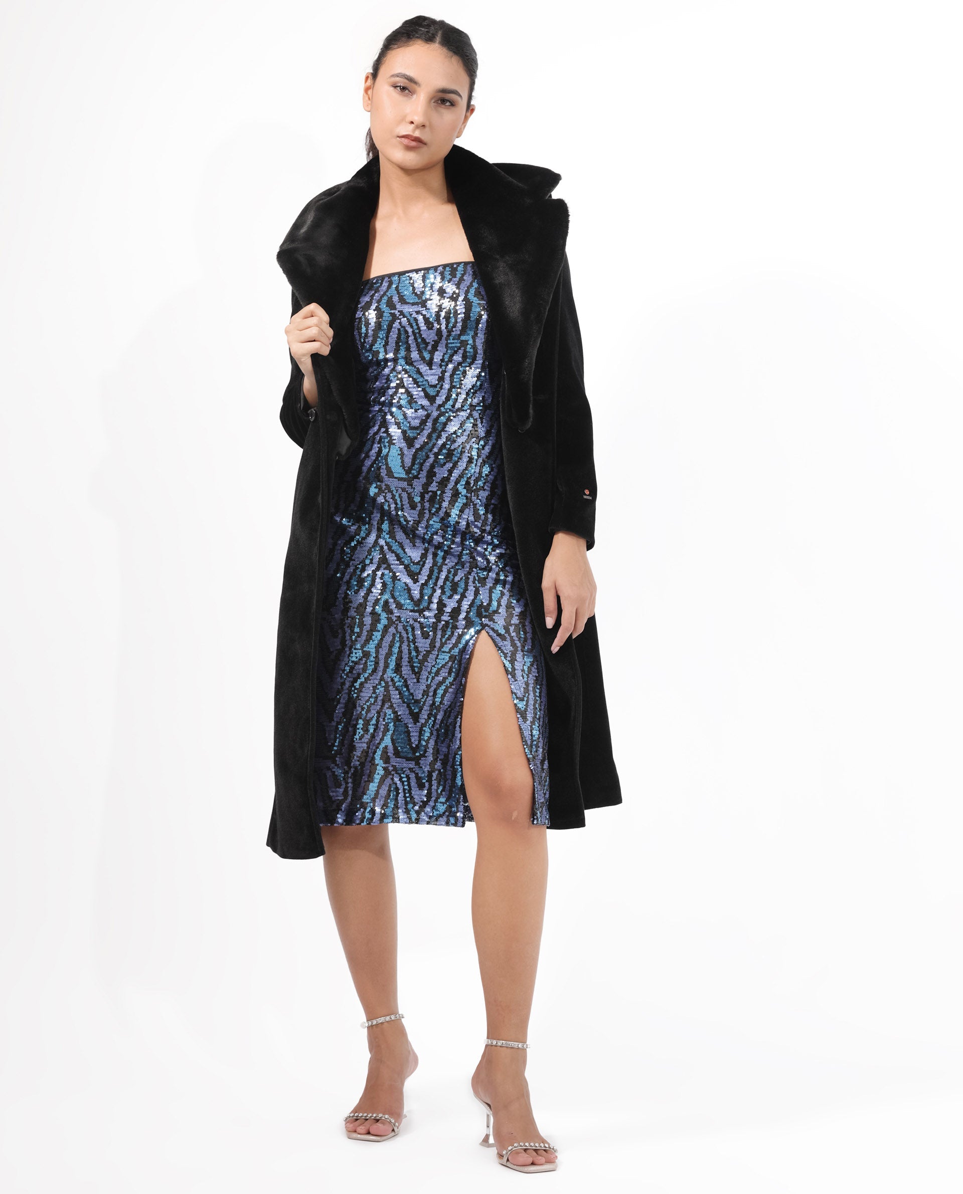 Rareism Women's Elica Sheen Multi Polyester Fabric Tube Neck Sequined Bodycon Midi Dress