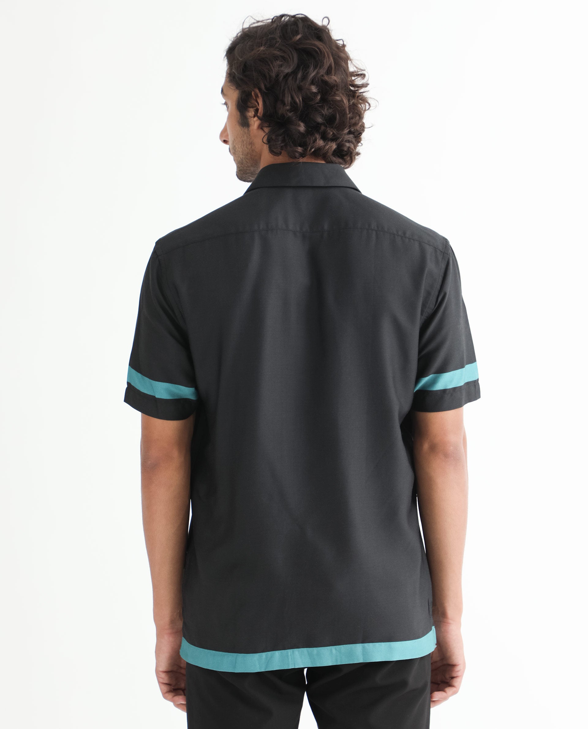 Rare Rabbit Men's Emble Black Modal Fabric Cuban Collar Floral Print Half Sleeves Contrasting Stiped Detail Shirt