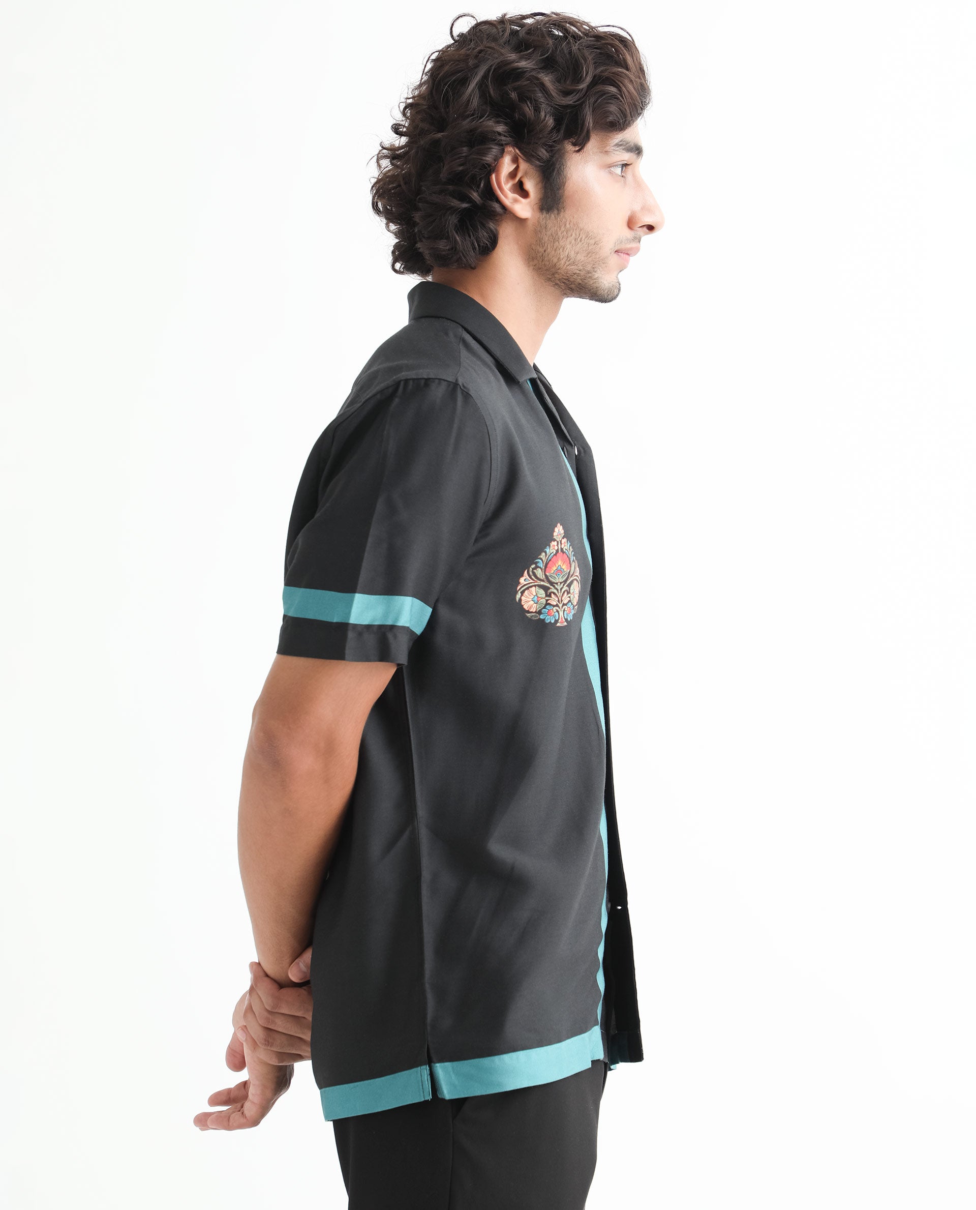 Rare Rabbit Men's Emble Black Modal Fabric Cuban Collar Floral Print Half Sleeves Contrasting Stiped Detail Shirt