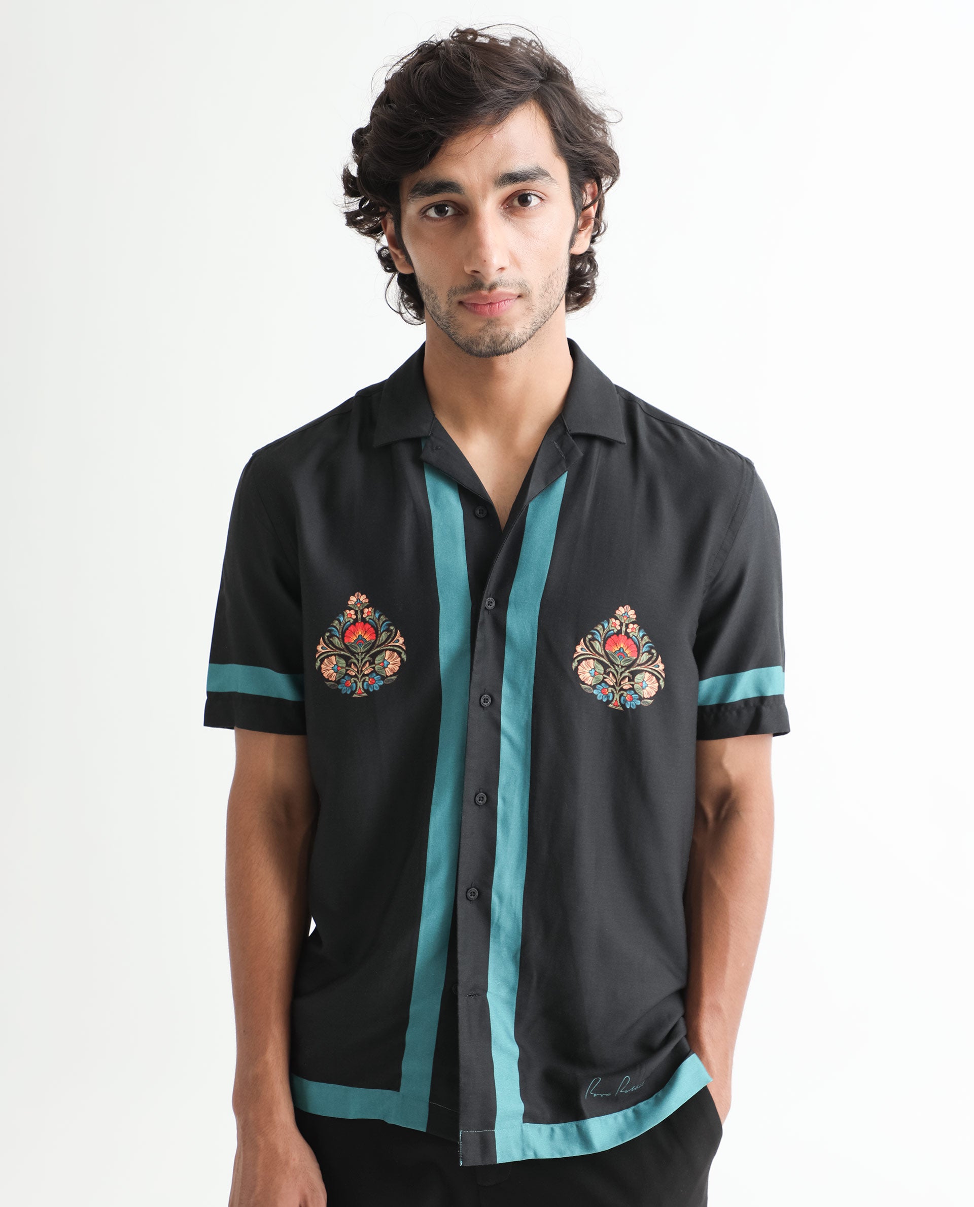 Rare Rabbit Men's Emble Black Modal Fabric Cuban Collar Floral Print Half Sleeves Contrasting Stiped Detail Shirt