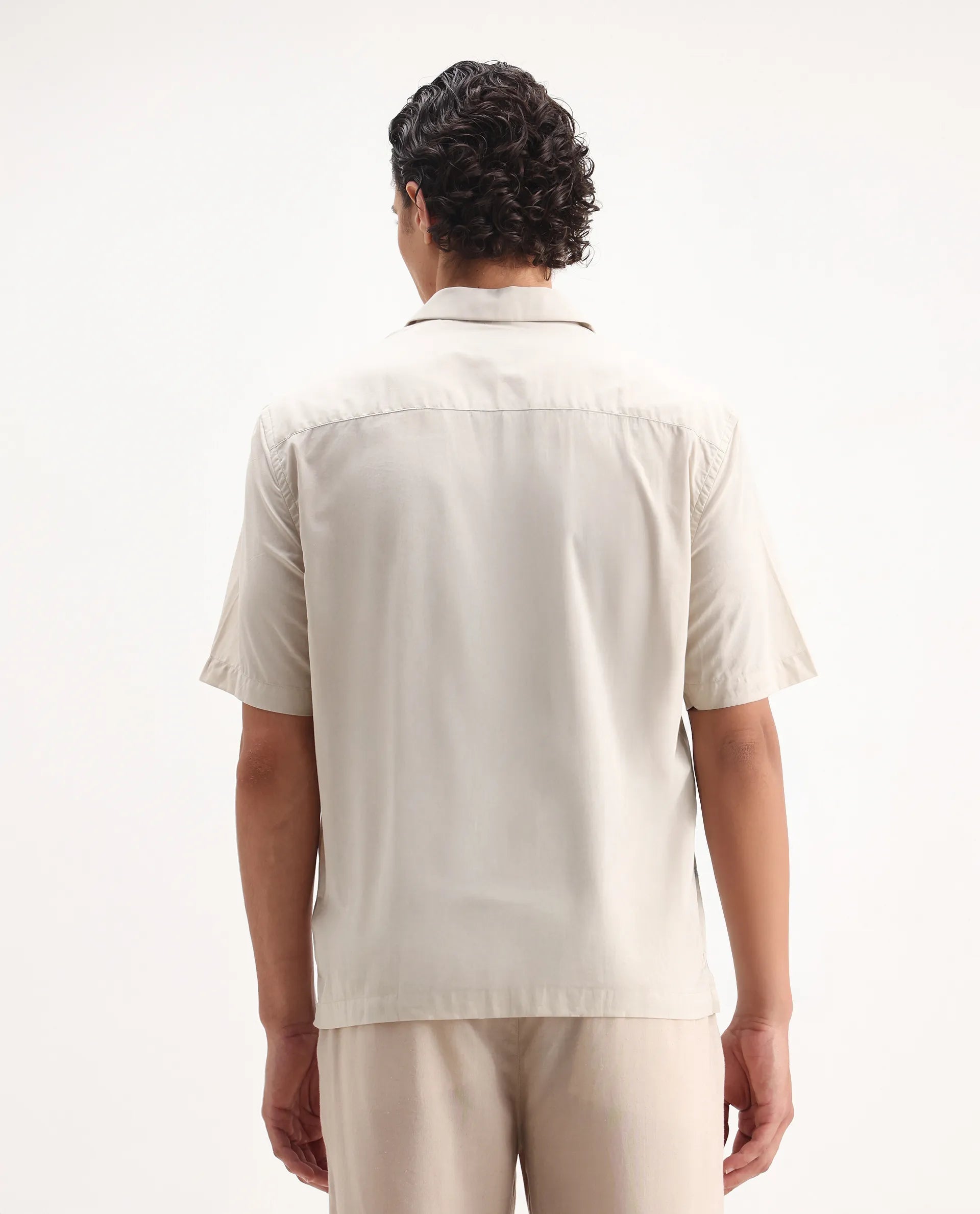 Rare Rabbit Men's Embomo Beige Cotton Embroidered Boxy Fit Half Sleeve Collared Shirt