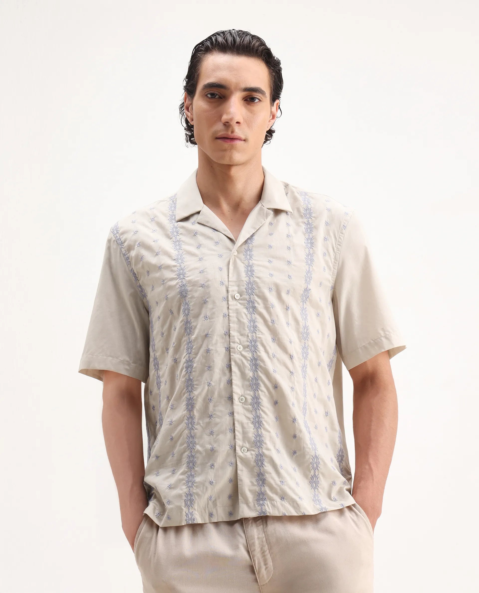 Rare Rabbit Men's Embomo Beige Cotton Embroidered Boxy Fit Half Sleeve Collared Shirt