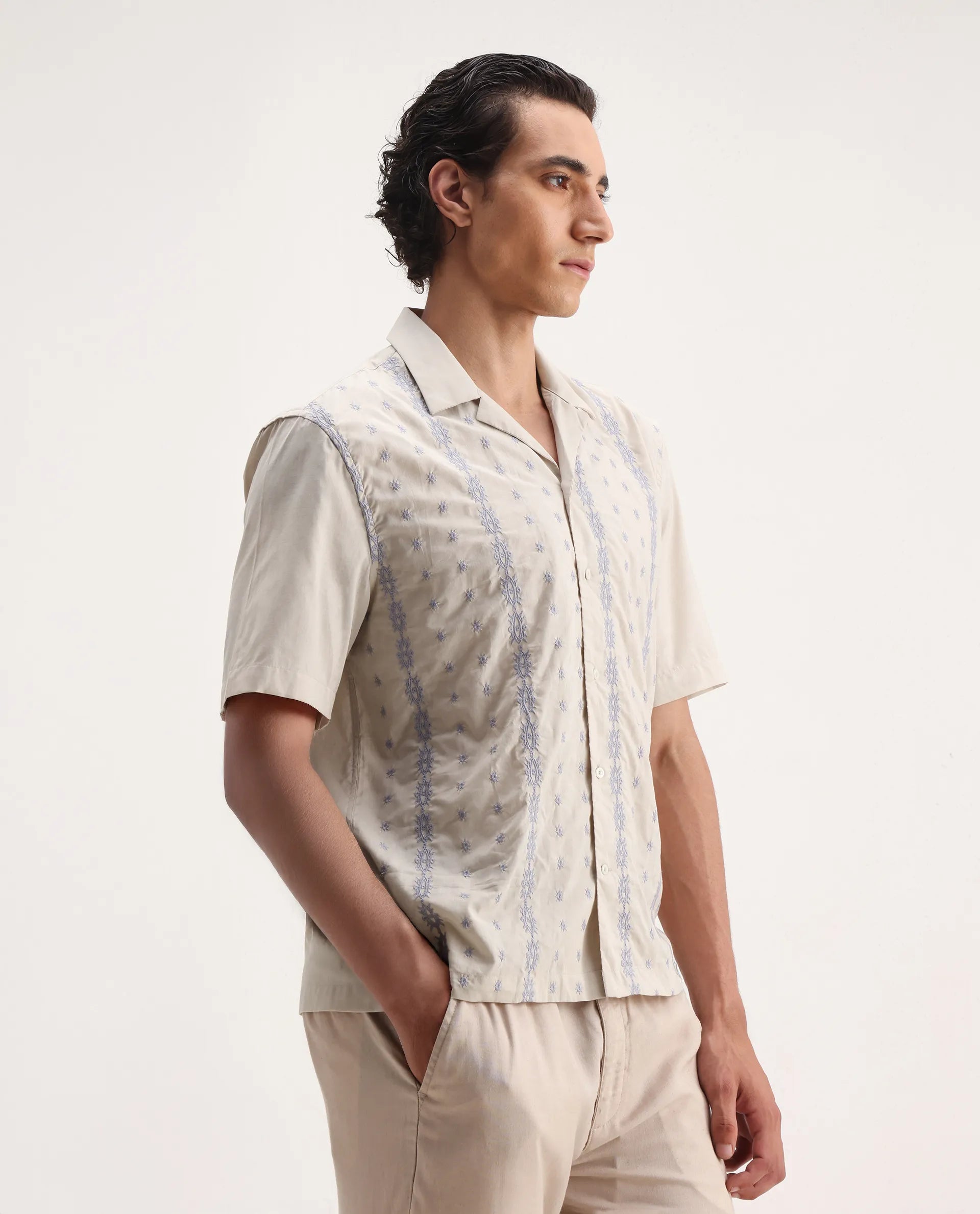 Rare Rabbit Men's Embomo Beige Cotton Embroidered Boxy Fit Half Sleeve Collared Shirt