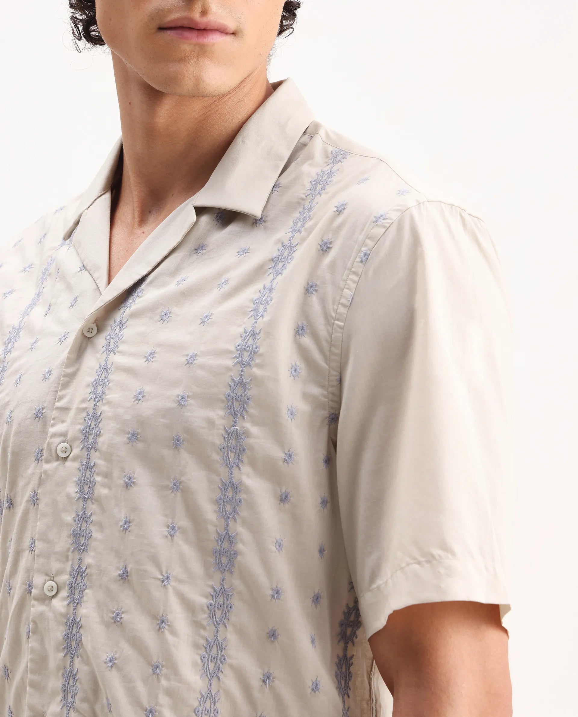 Rare Rabbit Men's Embomo Beige Cotton Embroidered Boxy Fit Half Sleeve Collared Shirt