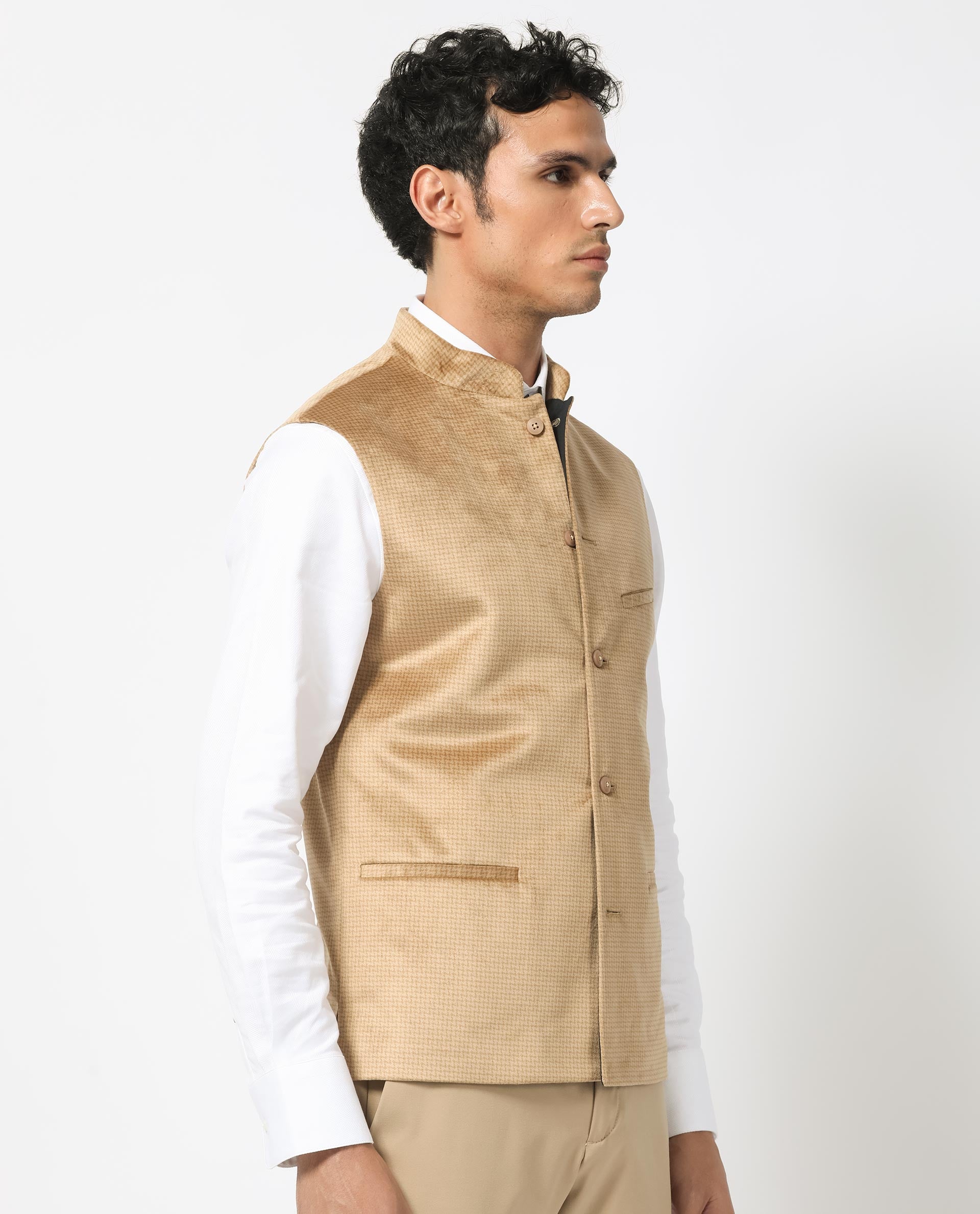 Rare Rabbit Men's Emerald Light Beige Mandarin Collar Sleeveless Textured Velvet Bandi