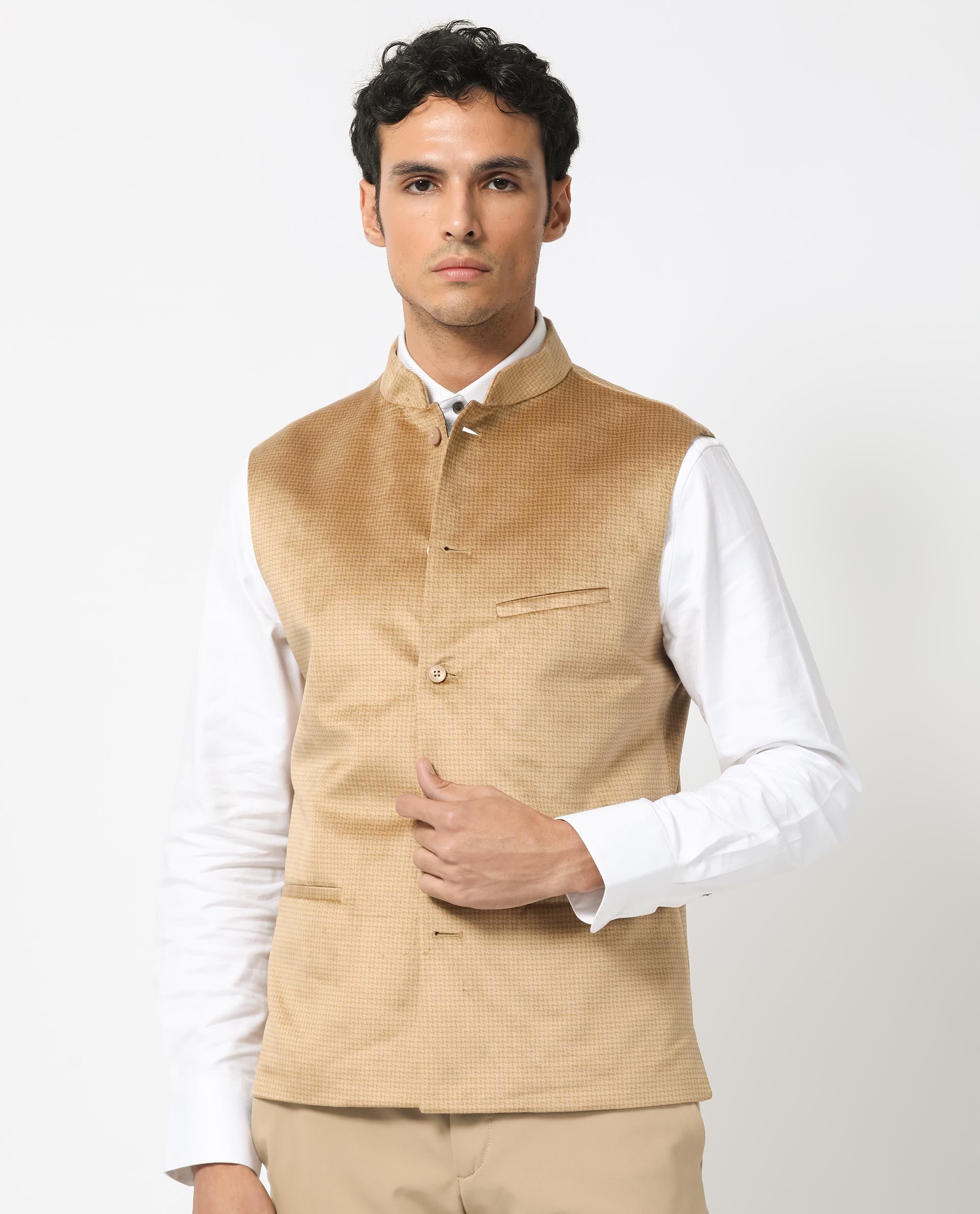 Rare Rabbit Men's Emerald Light Beige Mandarin Collar Sleeveless Textured Velvet Bandi