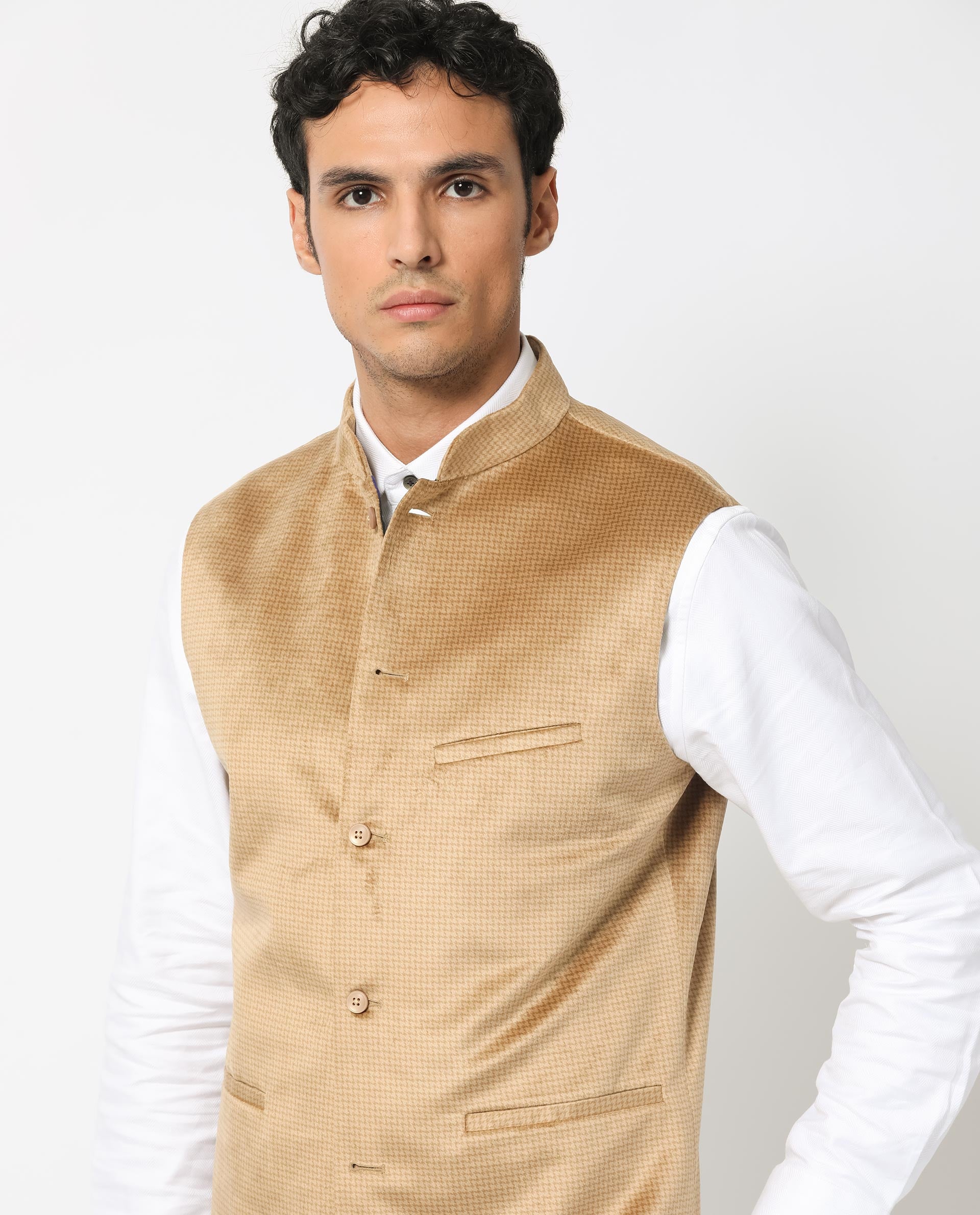 Rare Rabbit Men's Emerald Light Beige Mandarin Collar Sleeveless Textured Velvet Bandi