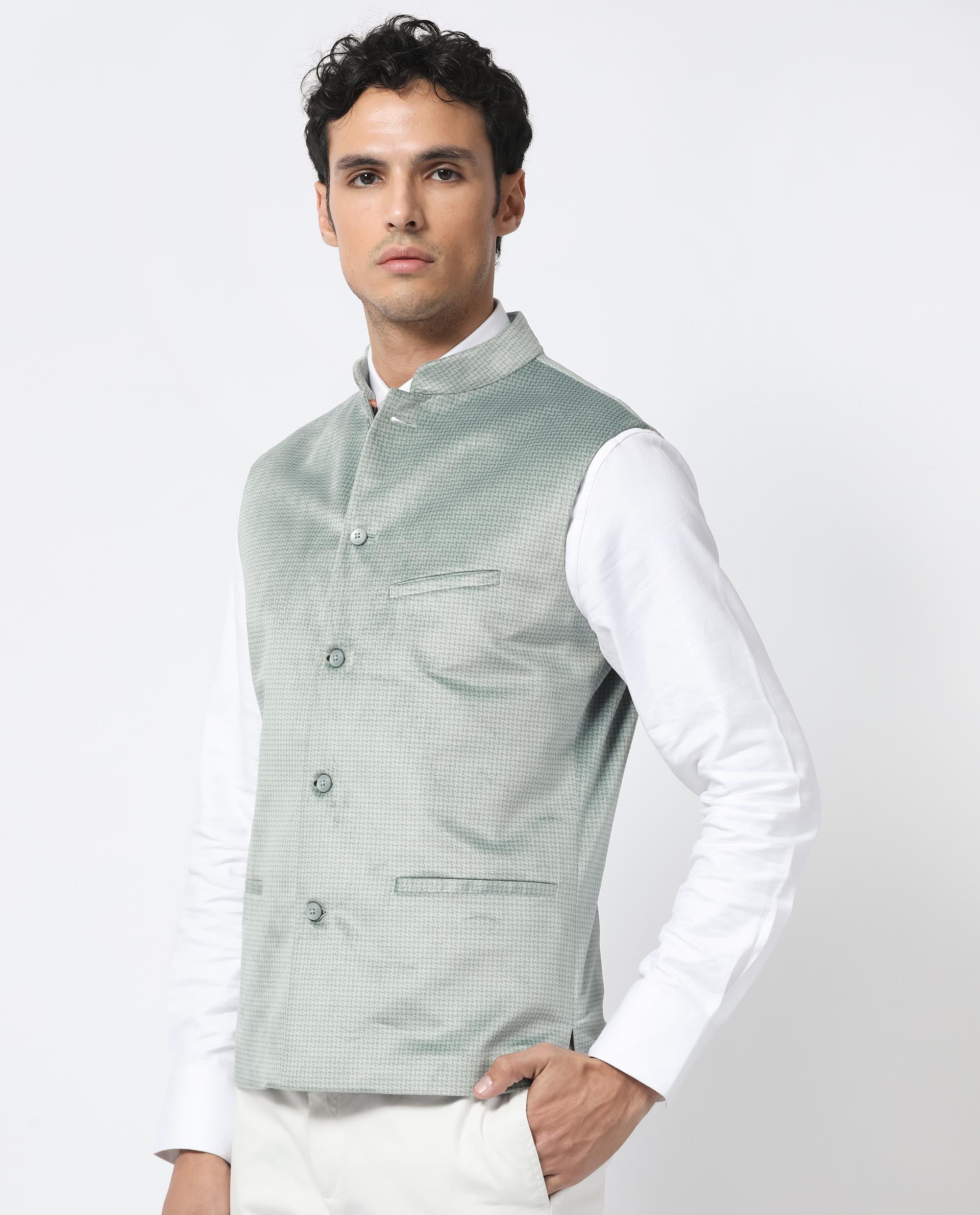 Rare Rabbit Men's Emerald Light Blue Mandarin Collar Sleeveless Textured Velvet Bandi