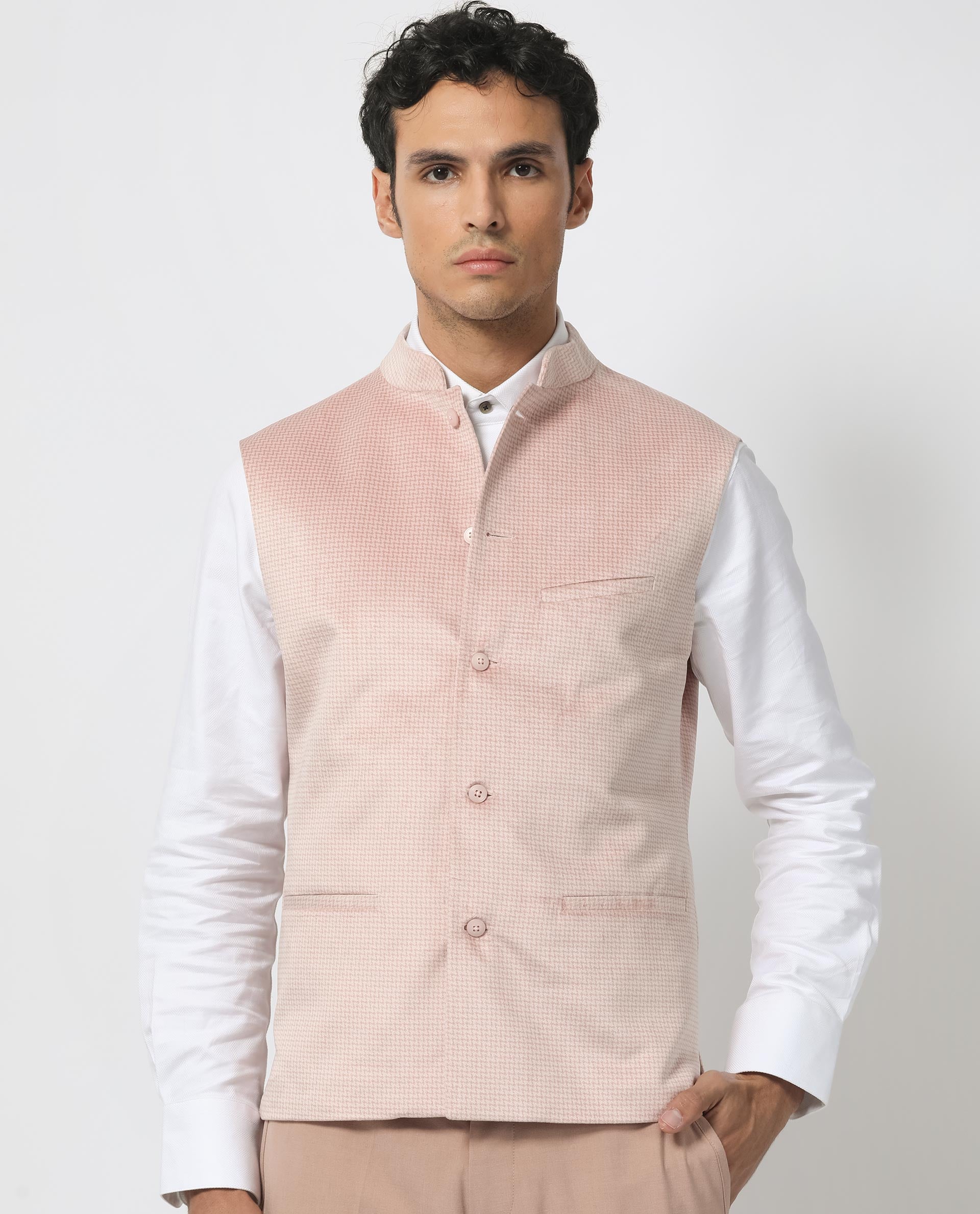 Rare Rabbit Men's Emerald Light Pink Mandarin Collar Sleeveless Textured Velvet Bandi