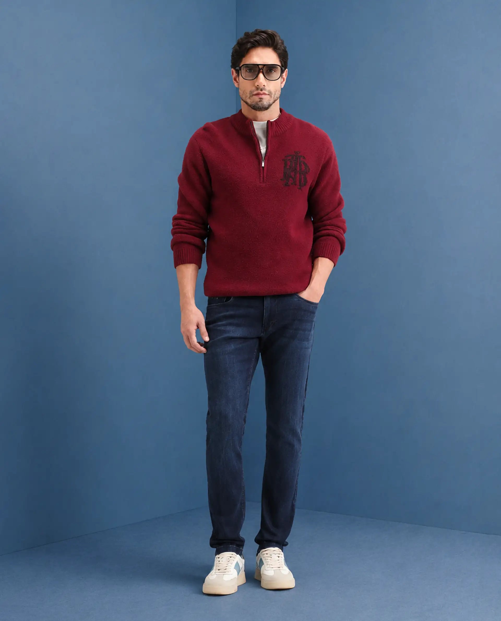 Rare Rabbit Men's Emil 26 Blue Cotton Blend Hawk Slim Fit Plain Jeans
