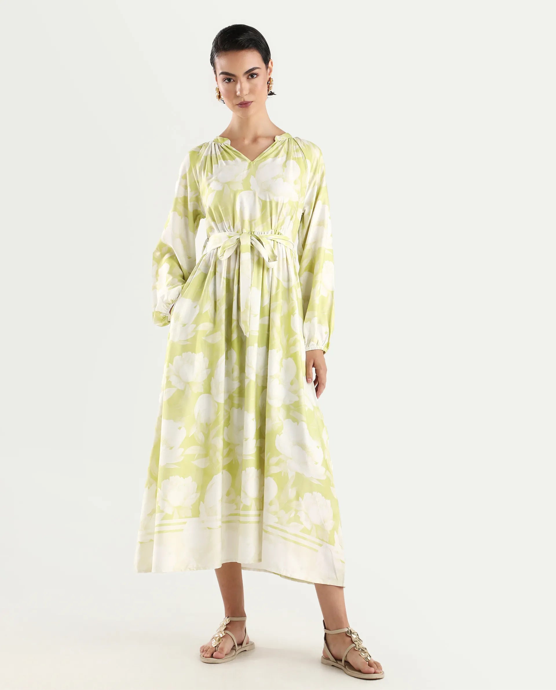 Rareism Women's Emil Green Cotton Mandarin Collar Floral Print Raglan Sleeve Maxi Fit And Flare Dress