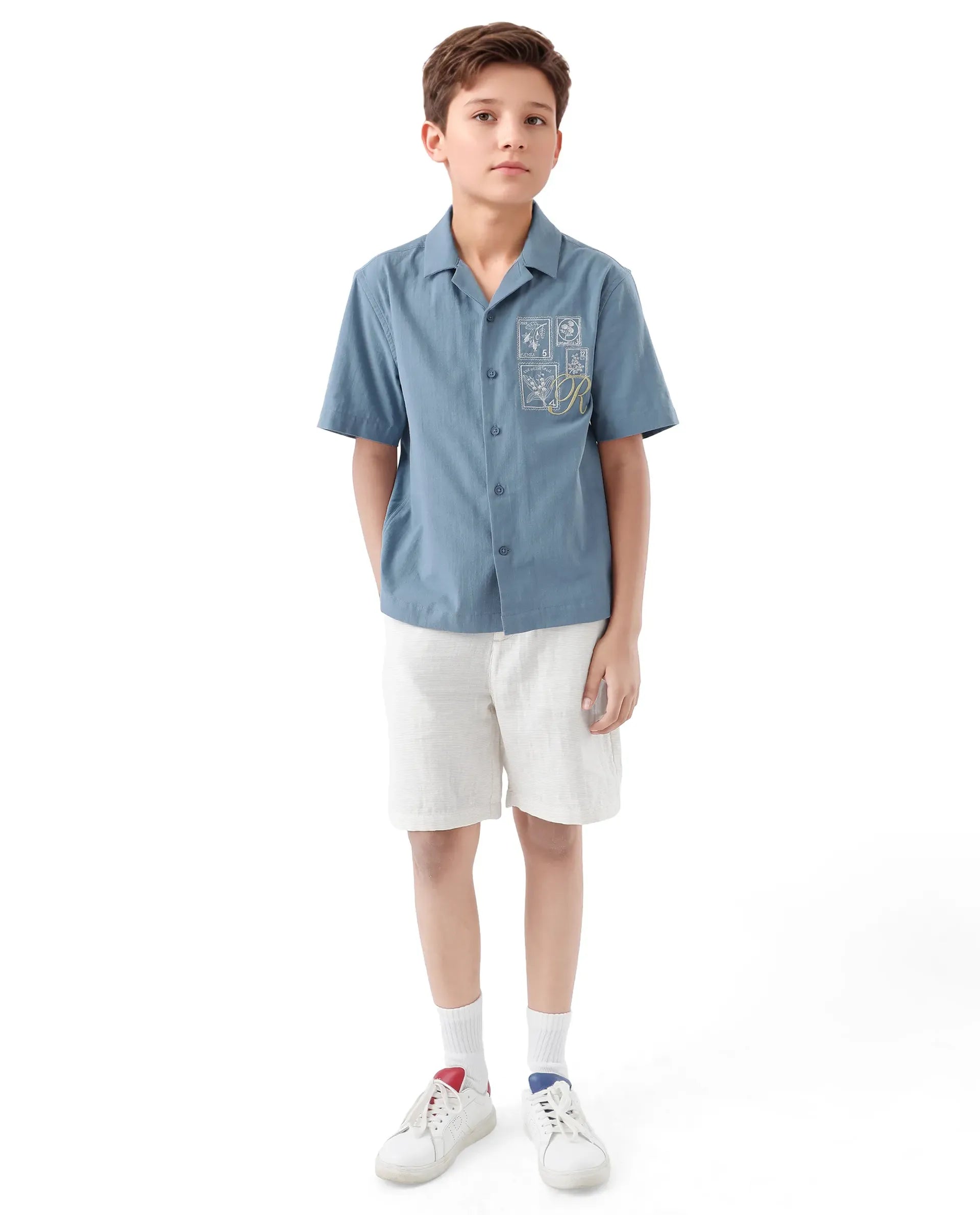 Rare Ones Kids Emma Dusky Blue Cotton Half Sleeve Button Embroidered Regular Fit Shirt