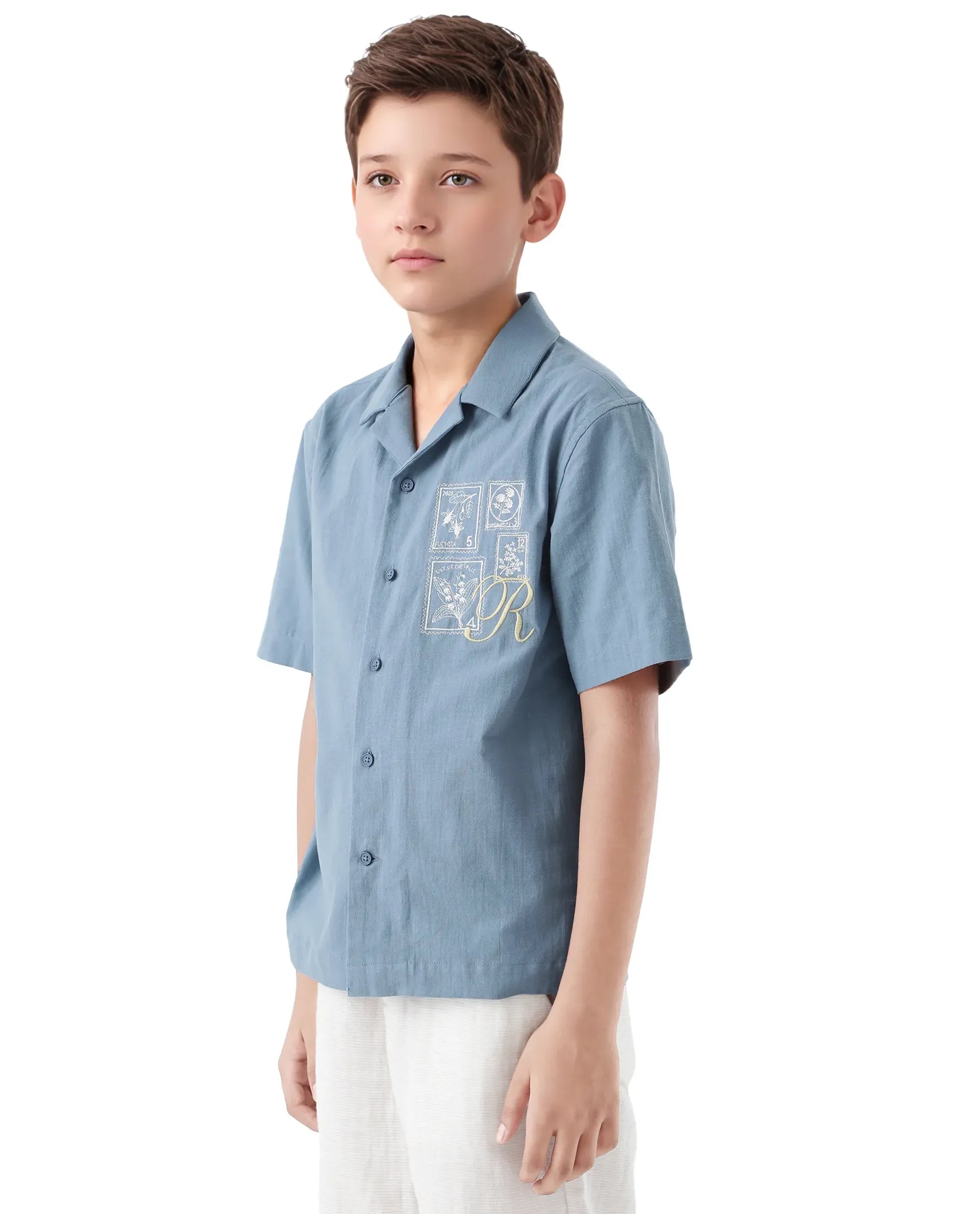 Rare Ones Kids Emma Dusky Blue Cotton Half Sleeve Button Embroidered Regular Fit Shirt