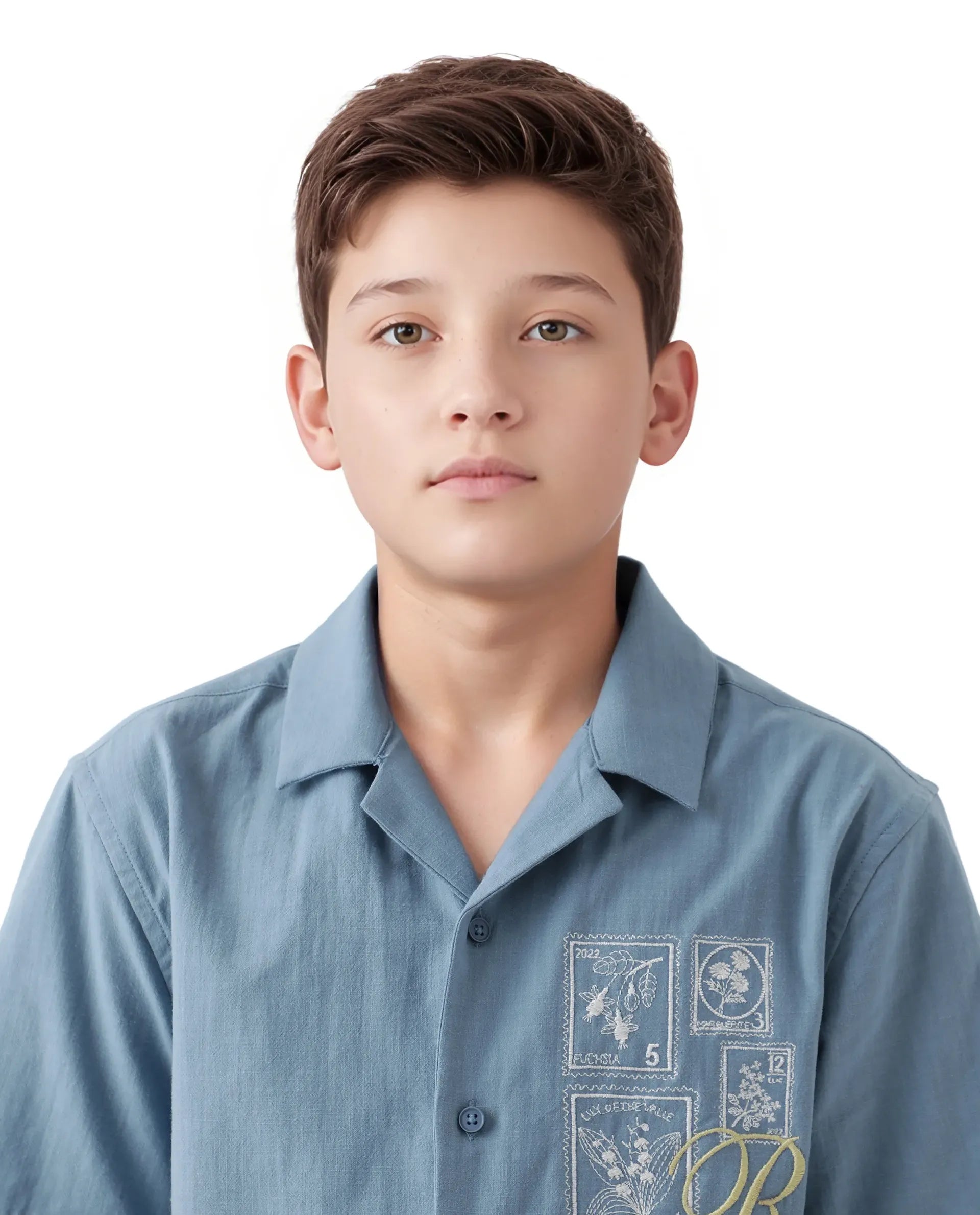 Rare Ones Kids Emma Dusky Blue Cotton Half Sleeve Button Embroidered Regular Fit Shirt