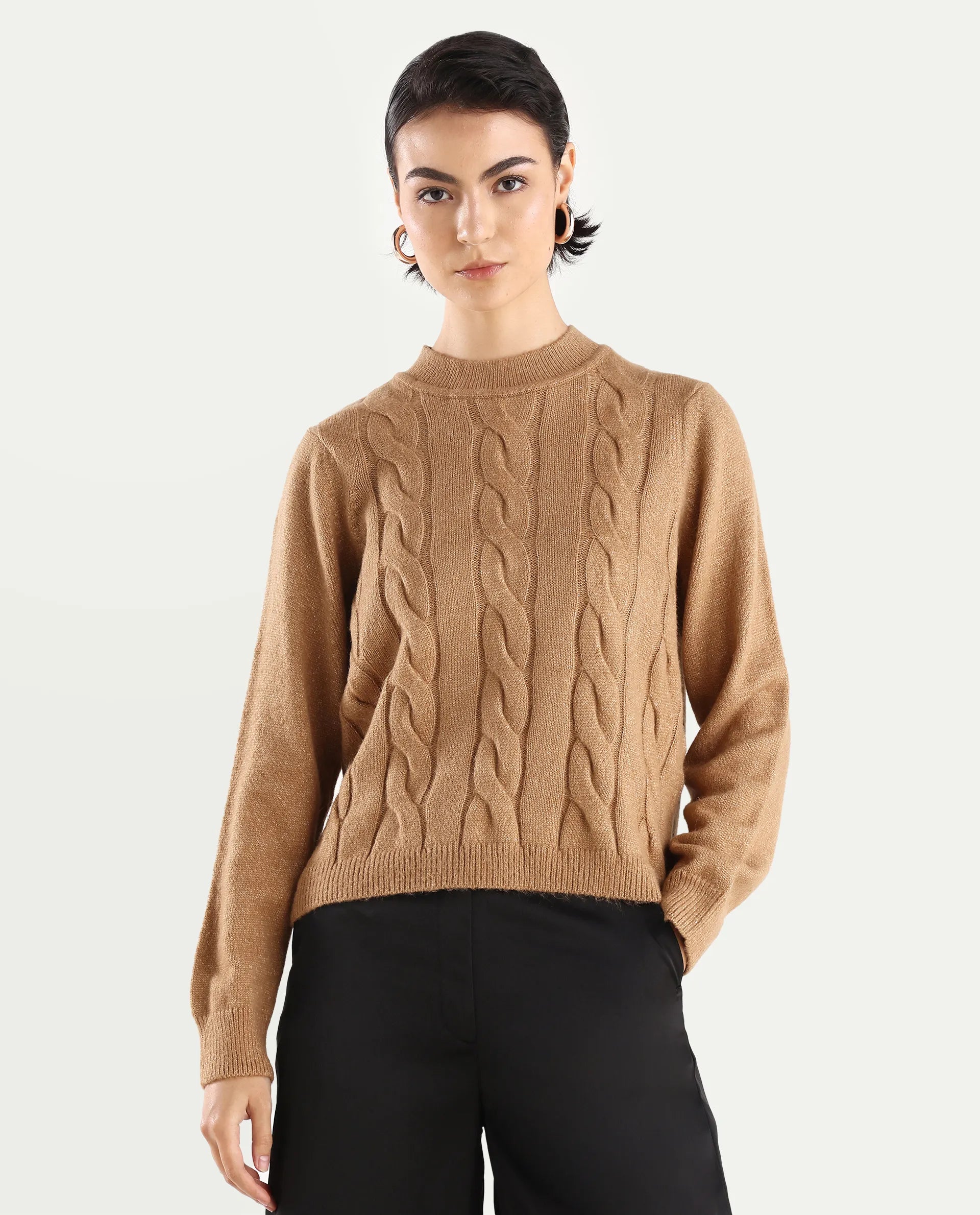 Rareism Women's Emm Camel Acrylic Crew Neck Plain Regular Fit Sweater