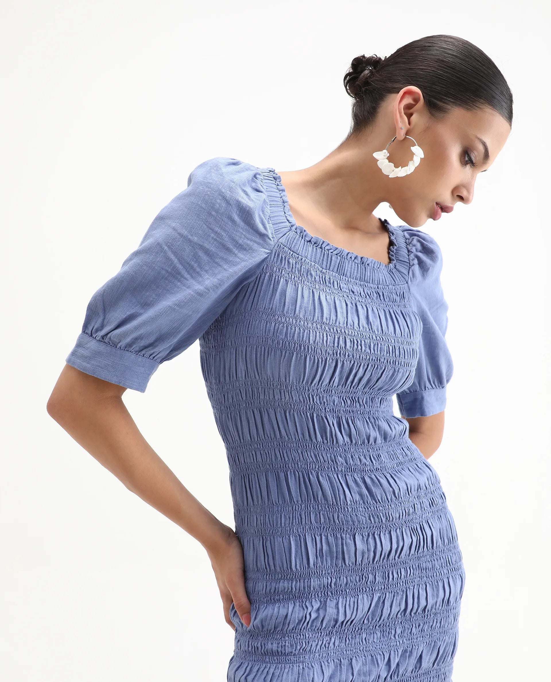 Rareism Women's Emmo Blue Cotton Blend Tube Neck Plain Puff Sleeves Knee Length Regular Fit Dress