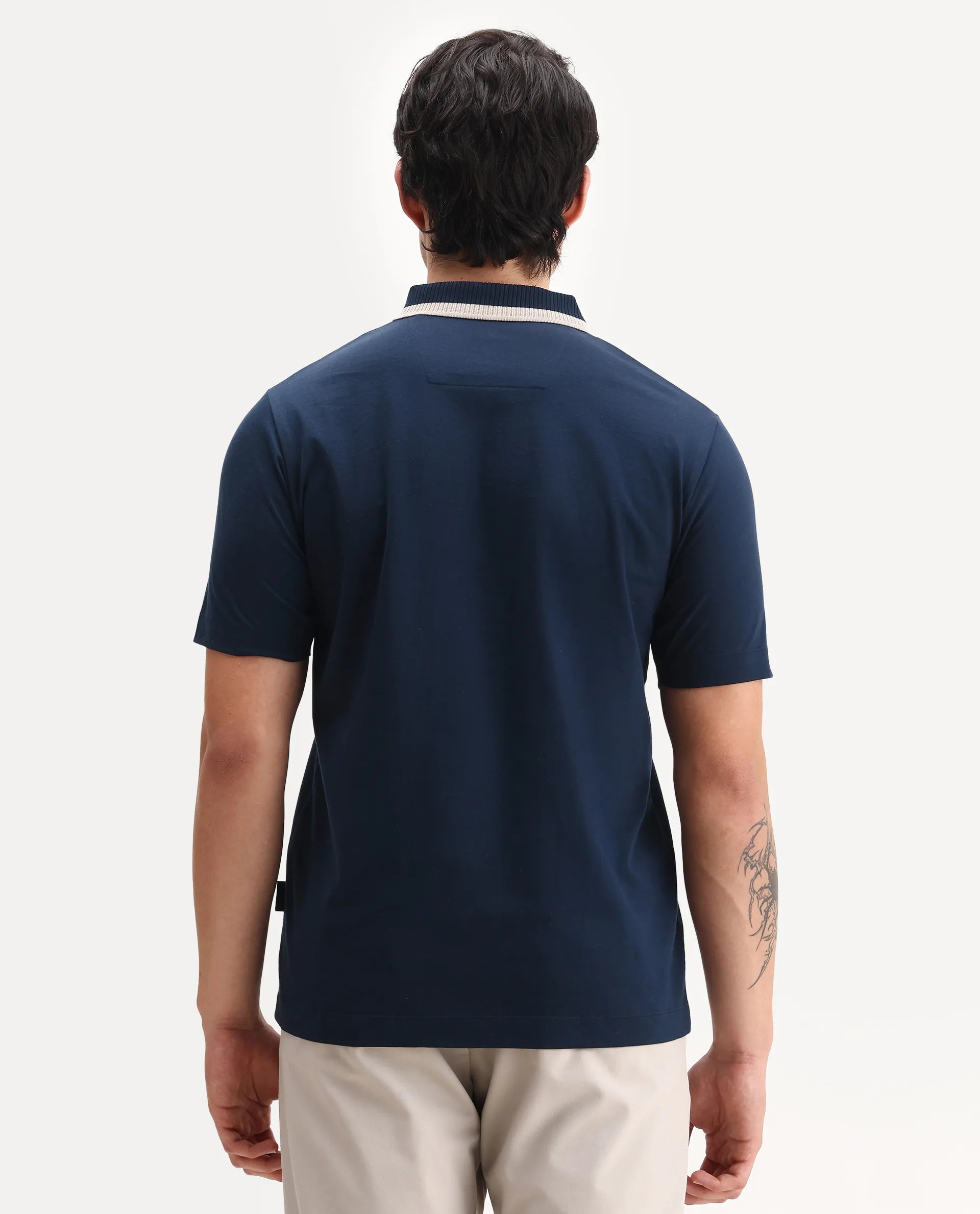 Rare Rabbit Men's Emor Dark Navy Cotton Fabric Half Sleeve Spread Collar Plain Polo