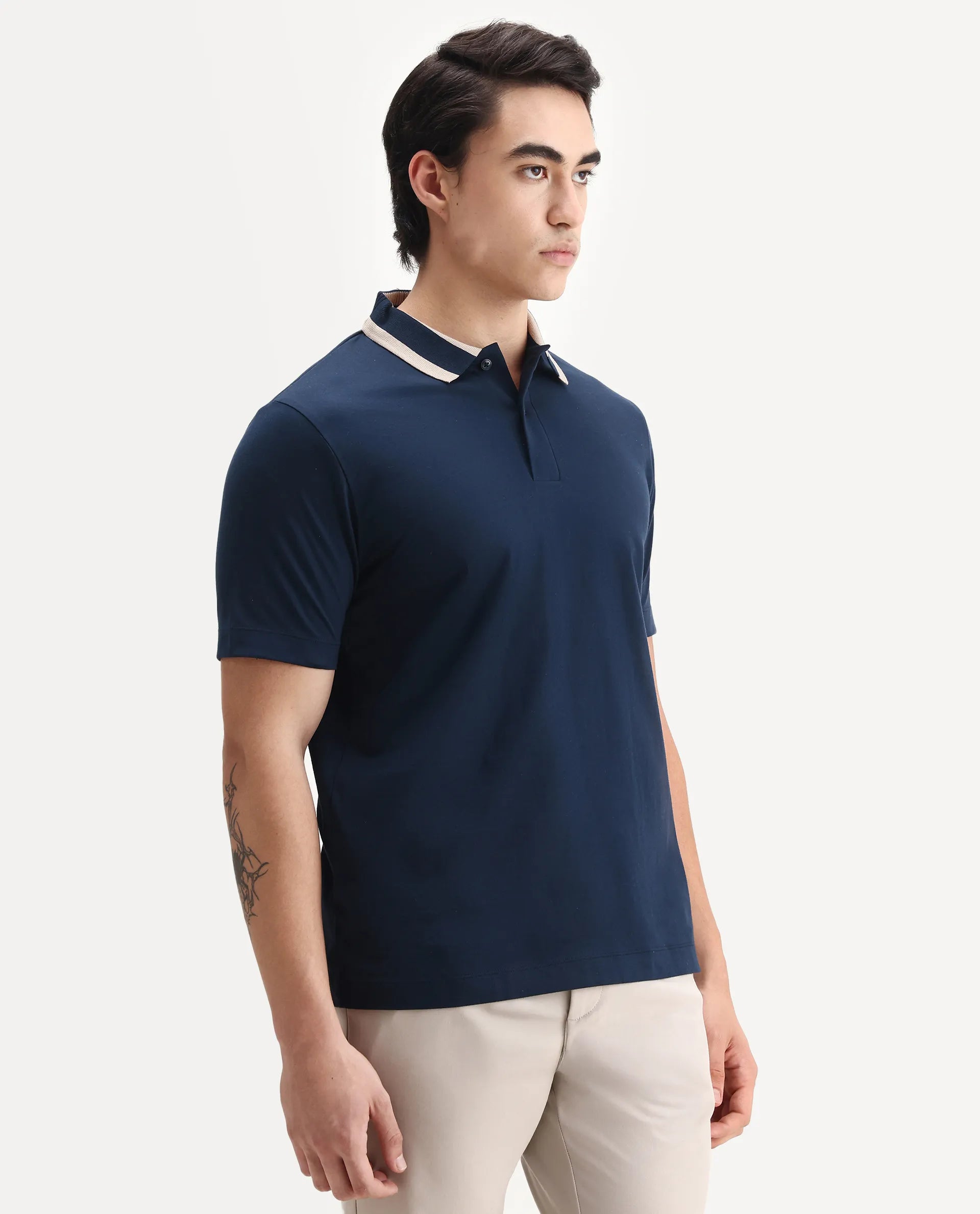 Rare Rabbit Men's Emor Dark Navy Cotton Fabric Half Sleeve Spread Collar Plain Polo