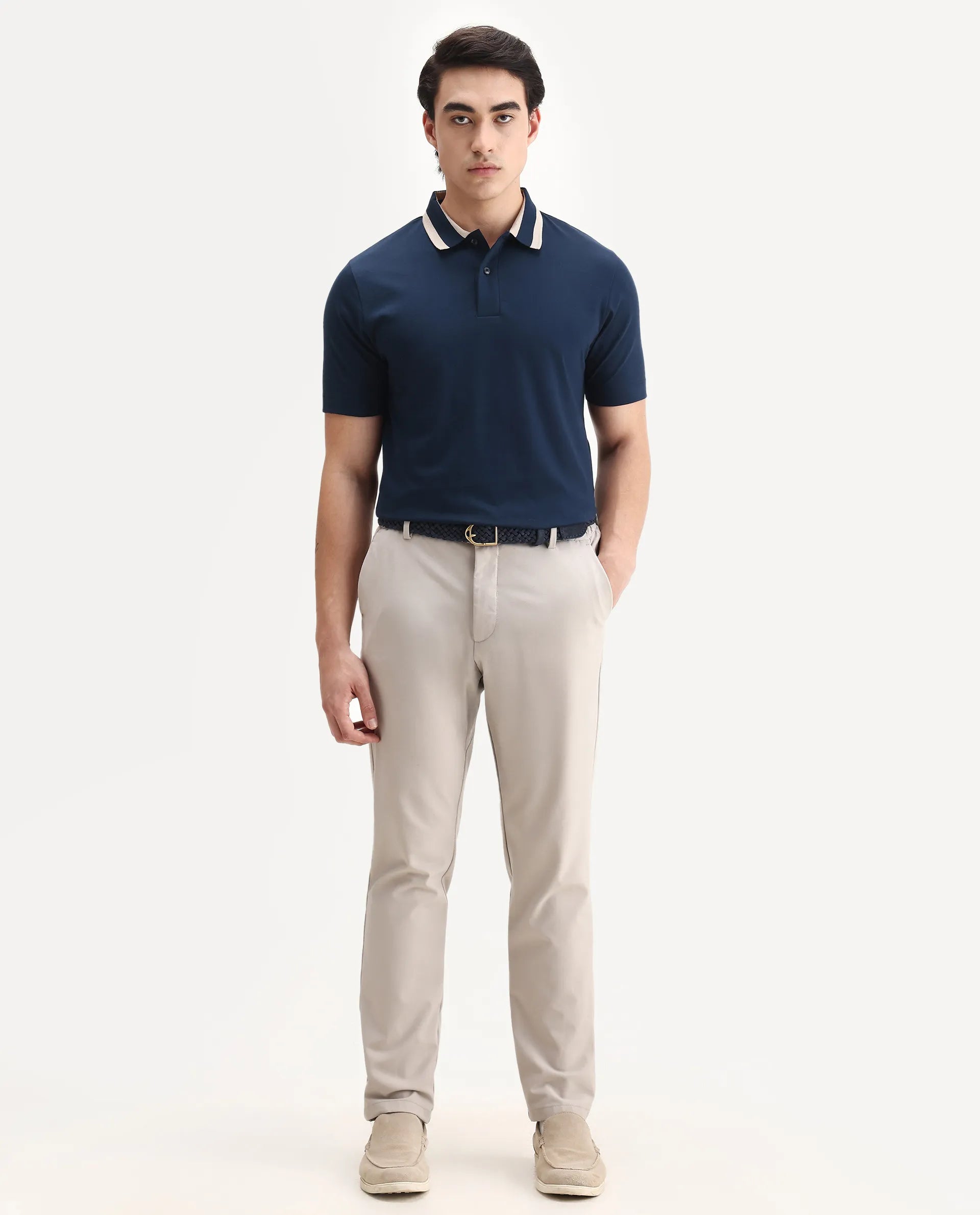 Rare Rabbit Men's Emor Dark Navy Cotton Fabric Half Sleeve Spread Collar Plain Polo