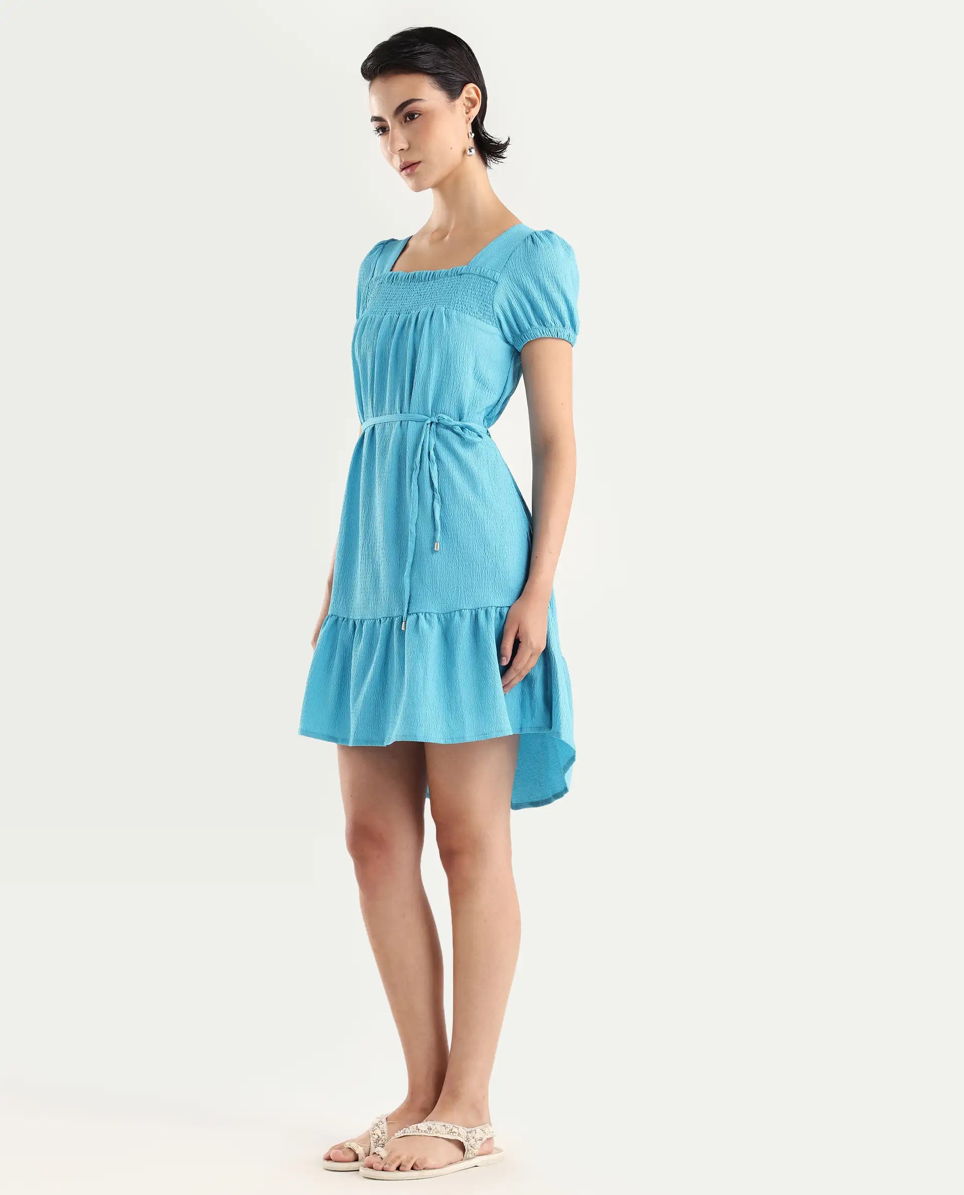 Rareism Women's Empress Blue Viscose Square Neck Plain Puff Sleeves Knee Length Regular Fit Dress