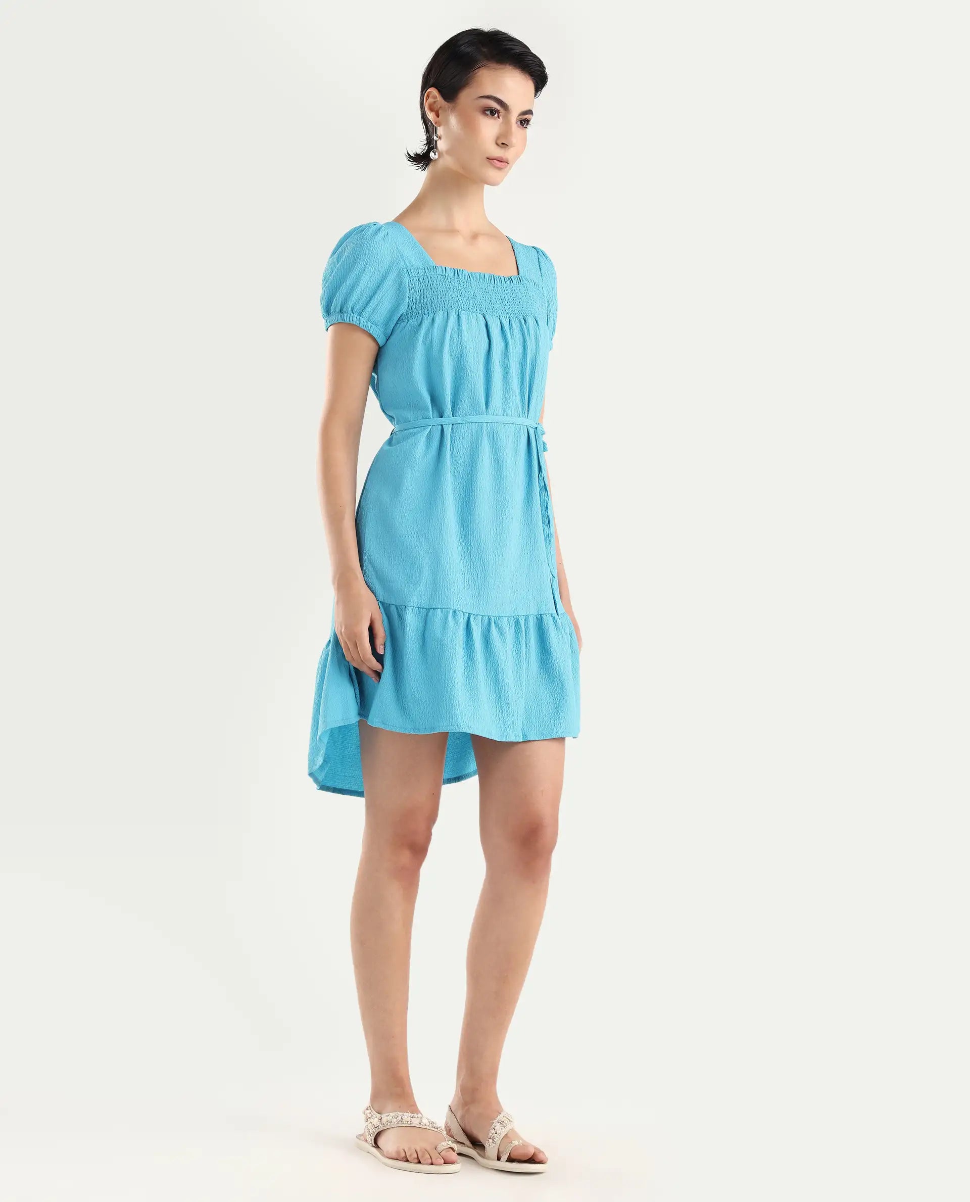 Rareism Women's Empress Blue Viscose Square Neck Plain Puff Sleeves Knee Length Regular Fit Dress