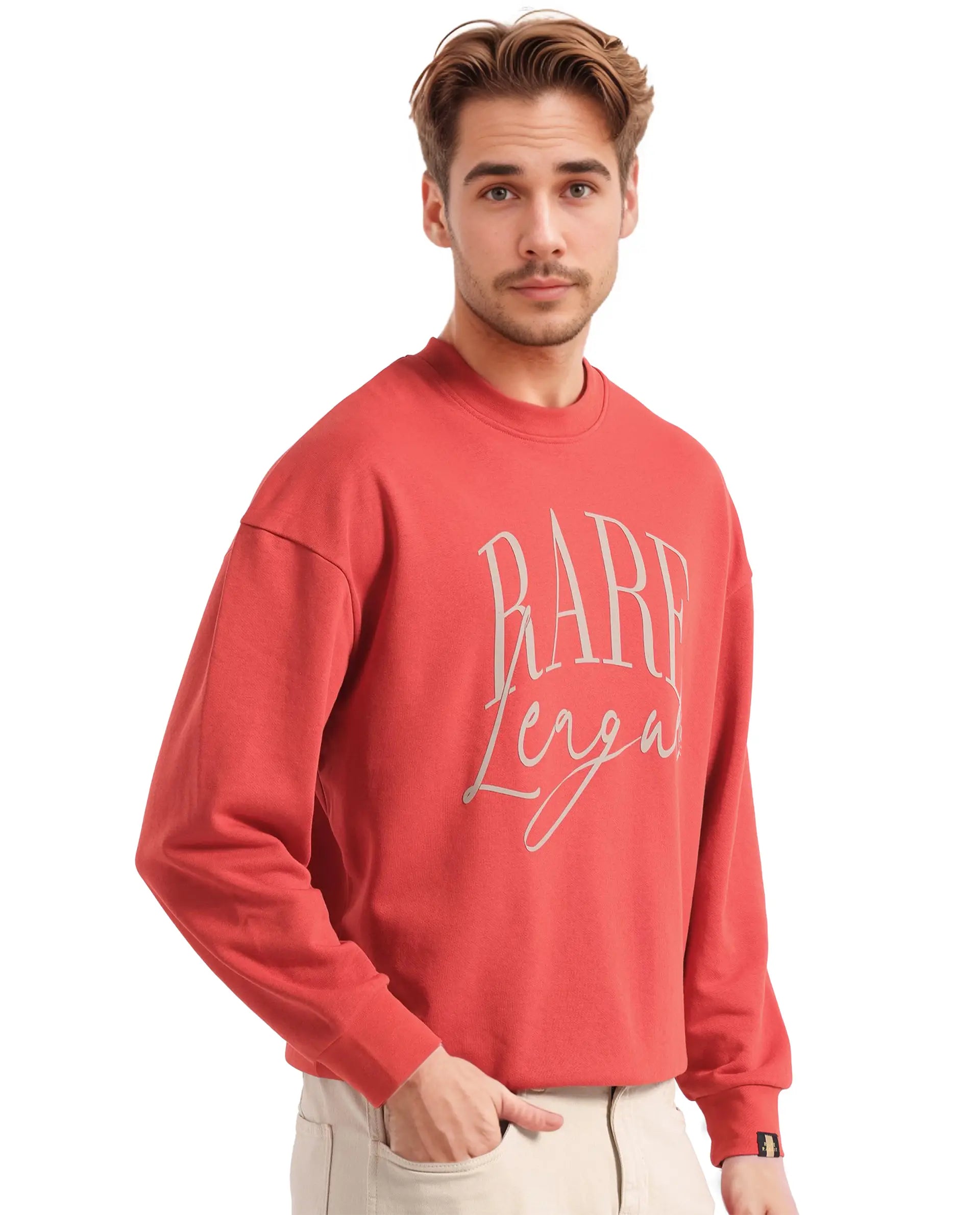 Rare Rabbit Men's Emro Orange Cotton Blend Fabric Full Sleeve Crew Neck Boxy Fit Printed Sweatshirt
