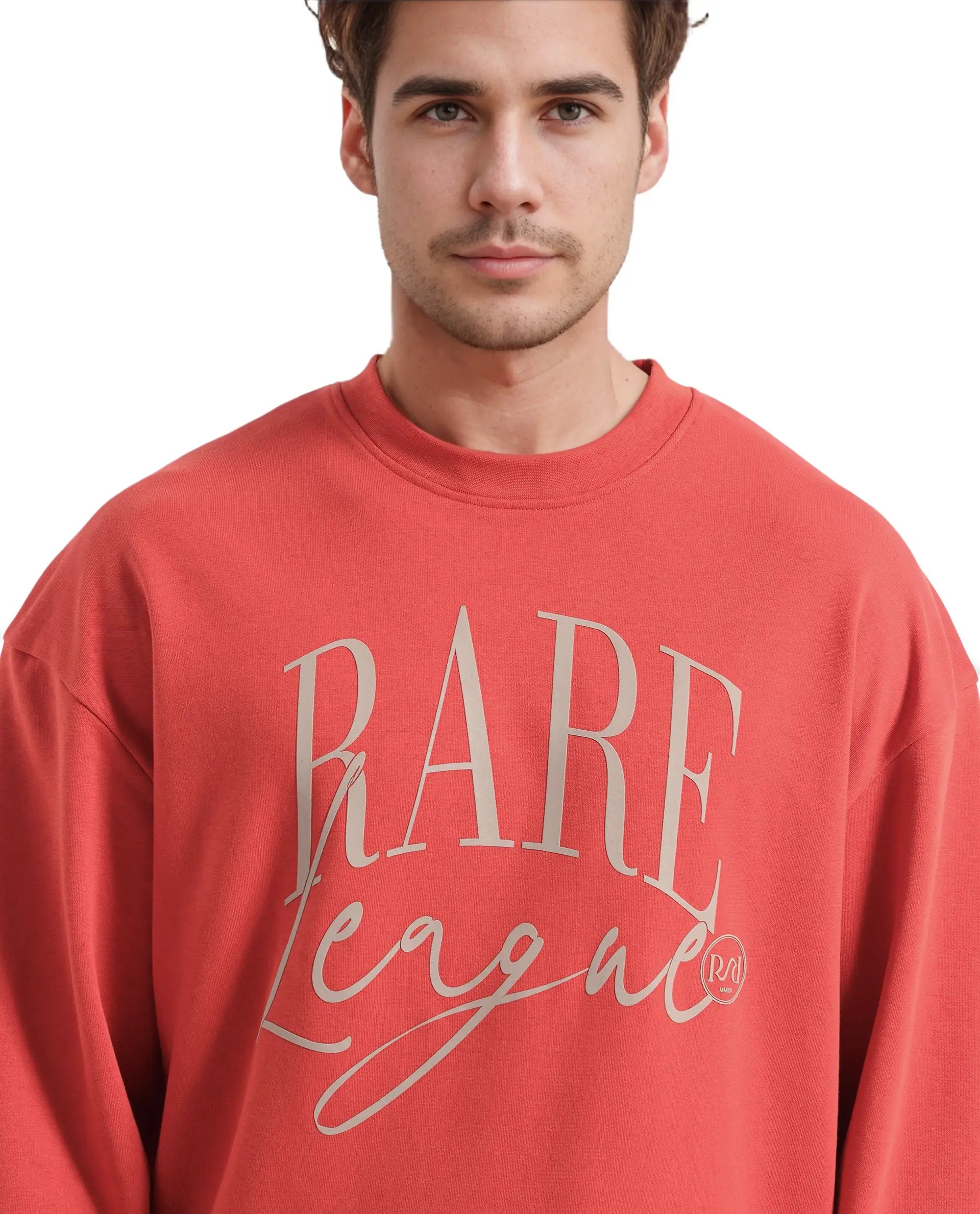 Rare Rabbit Men's Emro Orange Cotton Blend Fabric Full Sleeve Crew Neck Boxy Fit Printed Sweatshirt