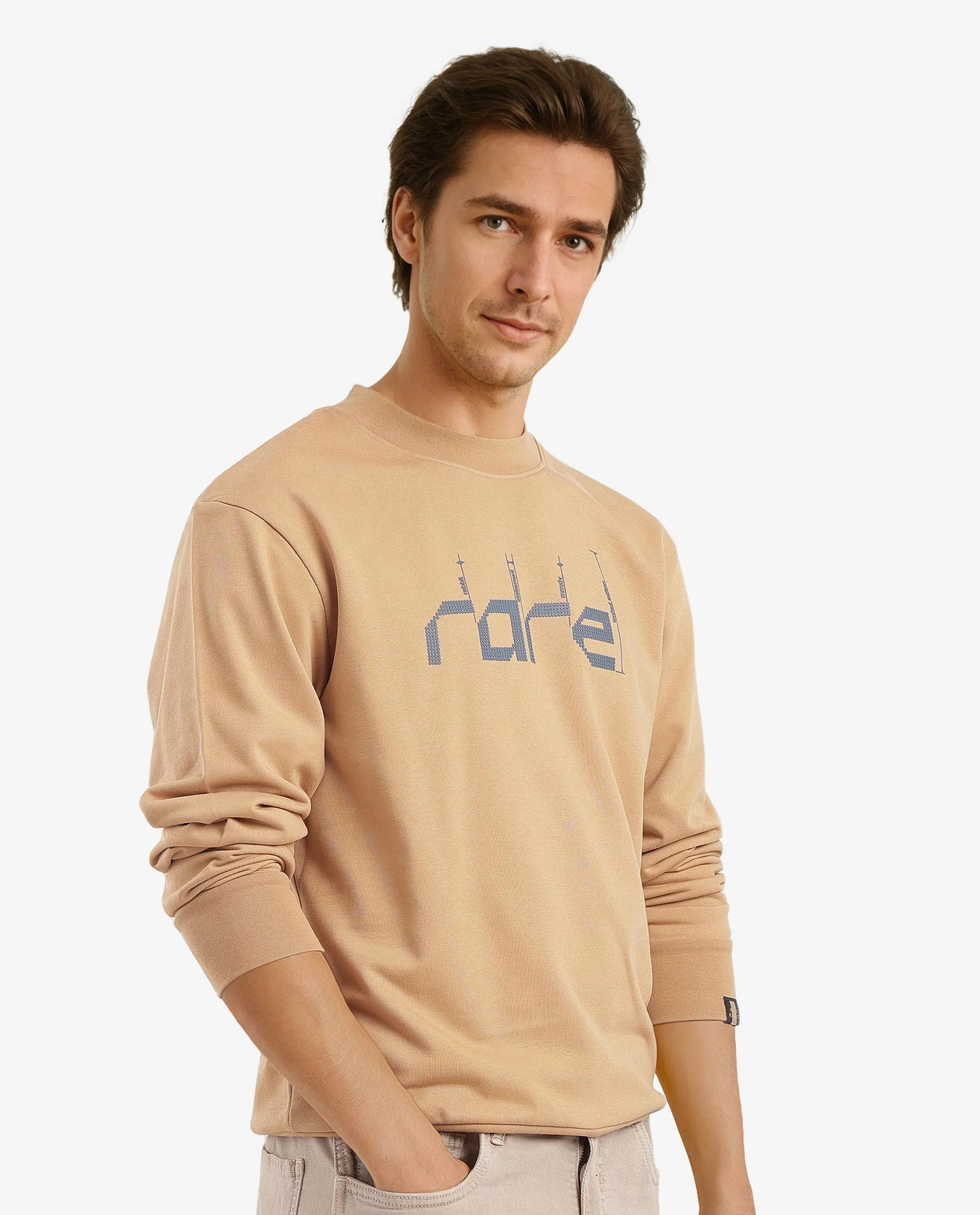 Rare Rabbit Men Emry Mustard Cotton Polyester Fabric Full Sleeve Crew Neck Regular Fit Printed Sweatshirt