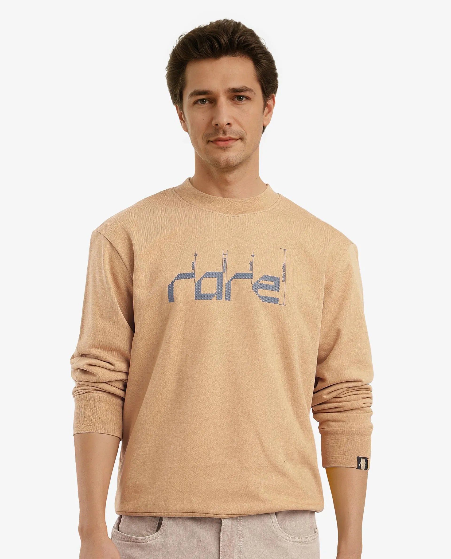 Rare Rabbit Men Emry Mustard Cotton Polyester Fabric Full Sleeve Crew Neck Regular Fit Printed Sweatshirt