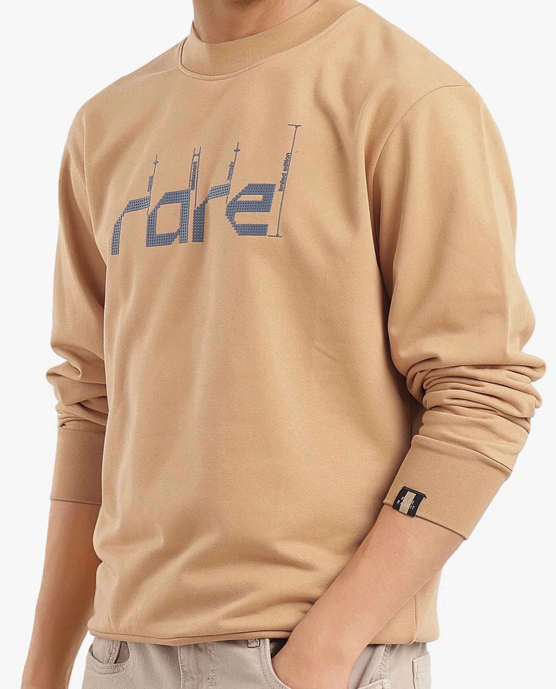 Rare Rabbit Men Emry Mustard Cotton Polyester Fabric Full Sleeve Crew Neck Regular Fit Printed Sweatshirt