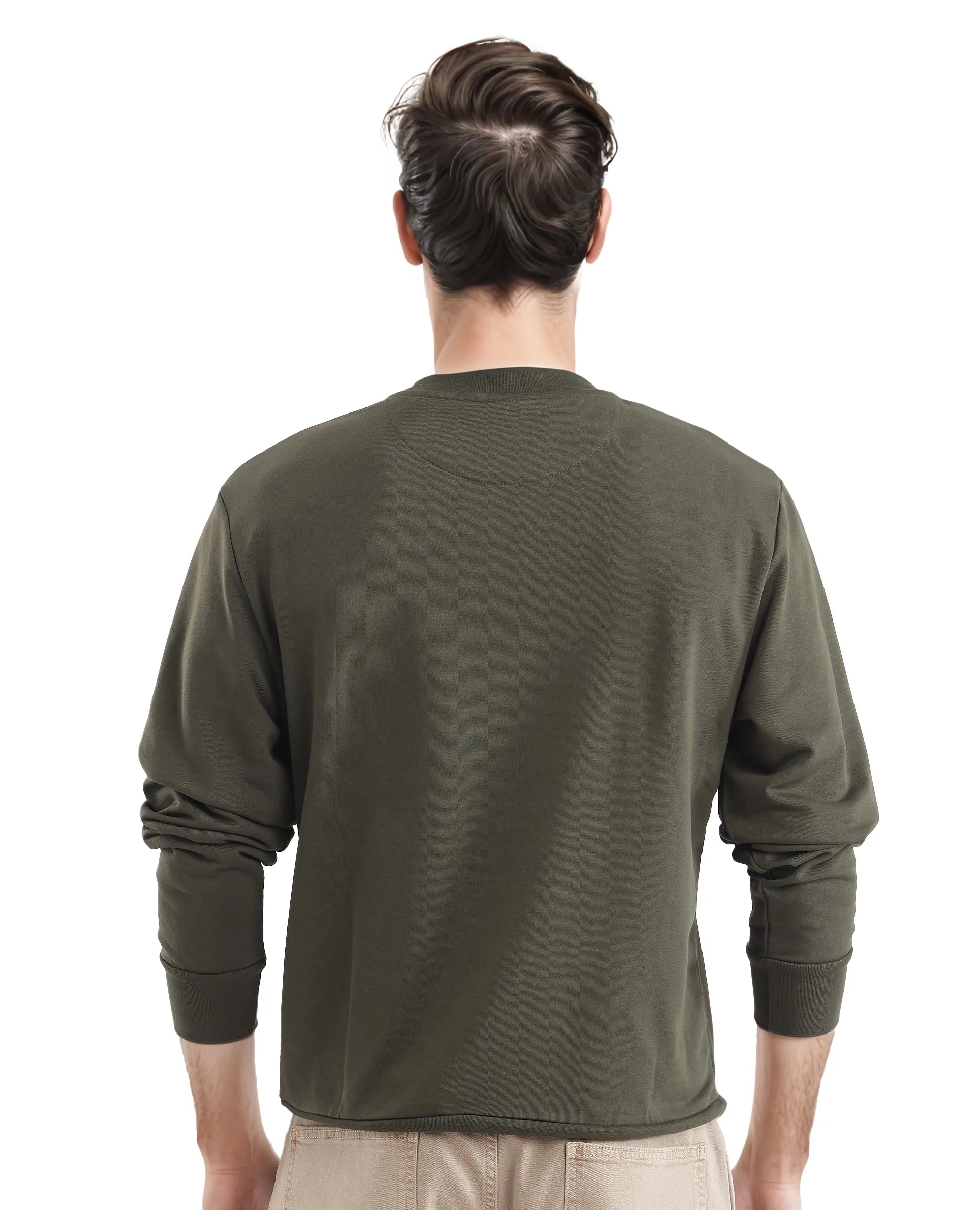 Rare Rabbit Men Emry Olive Cotton Polyester Fabric Full Sleeve Crew Neck Regular Fit Printed Sweatshirt