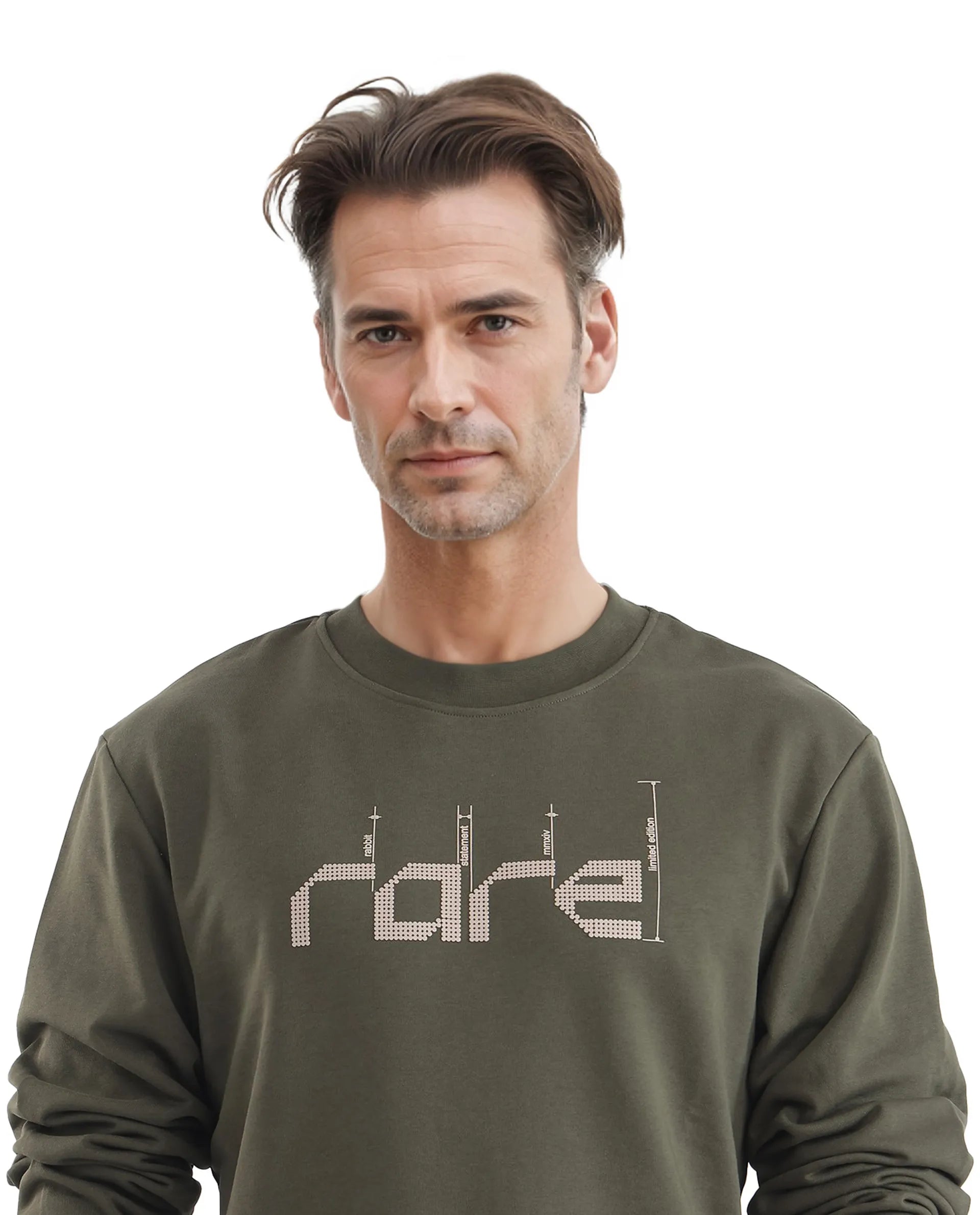 Rare Rabbit Men Emry Olive Cotton Polyester Fabric Full Sleeve Crew Neck Regular Fit Printed Sweatshirt
