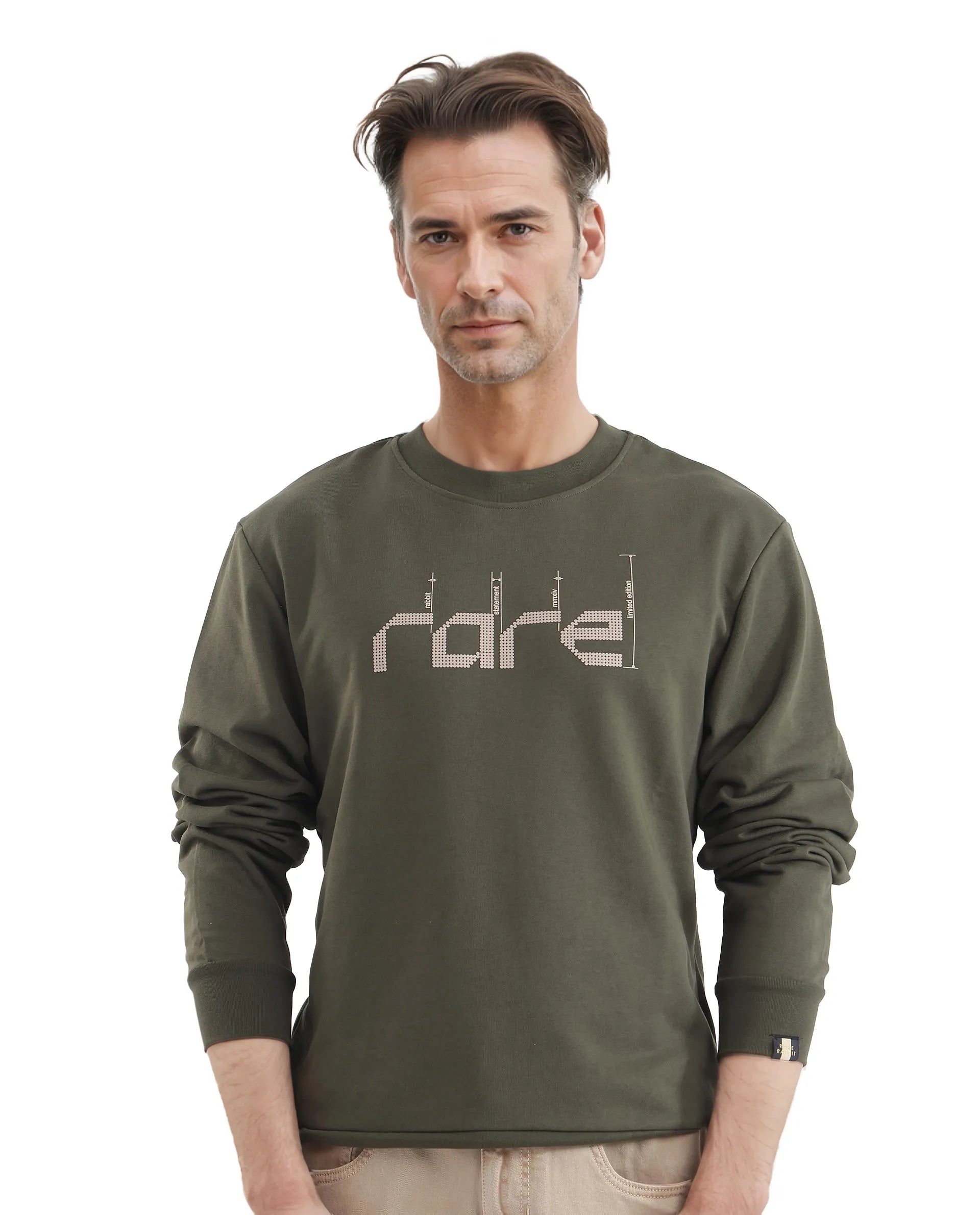 Rare Rabbit Men Emry Olive Cotton Polyester Fabric Full Sleeve Crew Neck Regular Fit Printed Sweatshirt