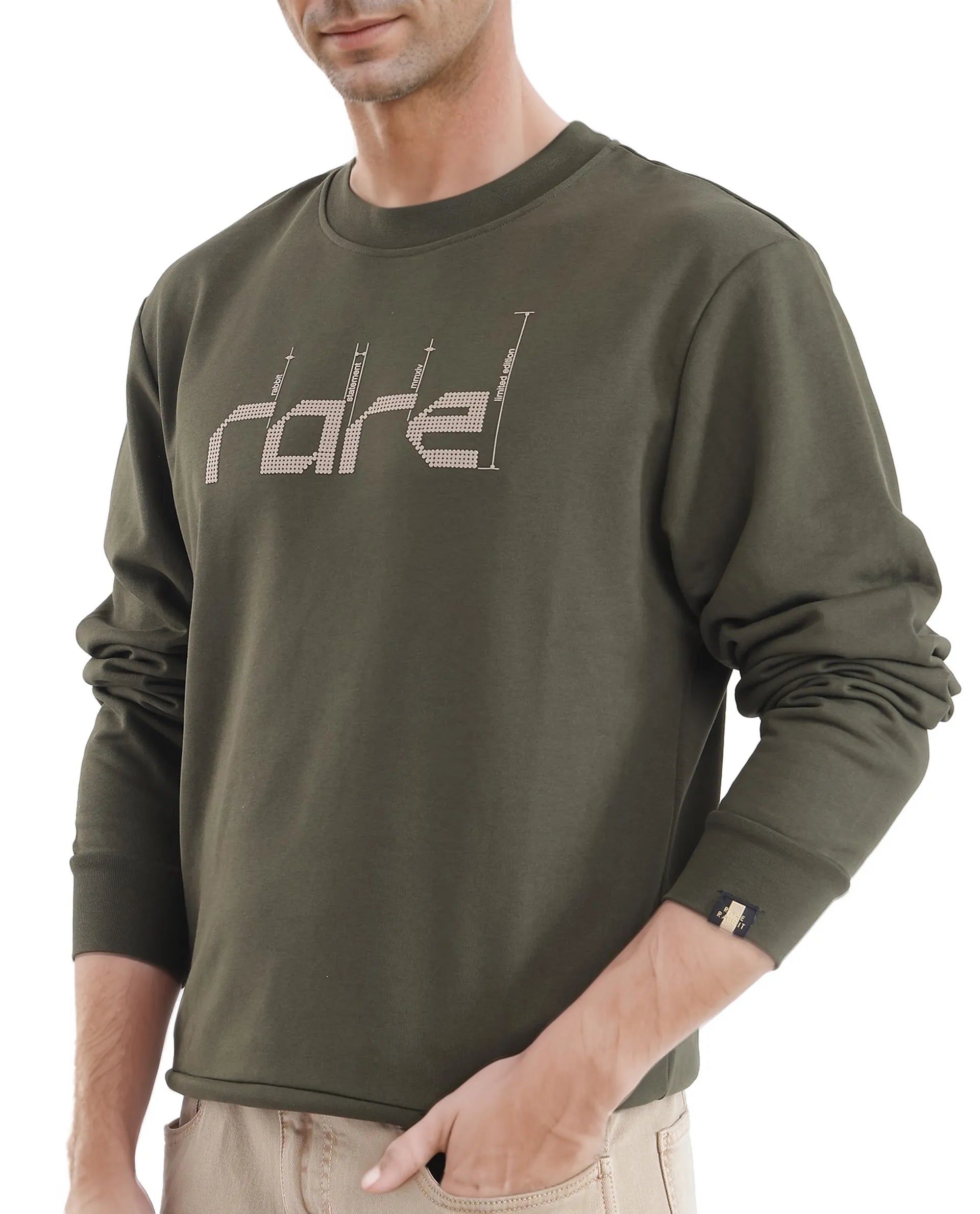 Rare Rabbit Men Emry Olive Cotton Polyester Fabric Full Sleeve Crew Neck Regular Fit Printed Sweatshirt