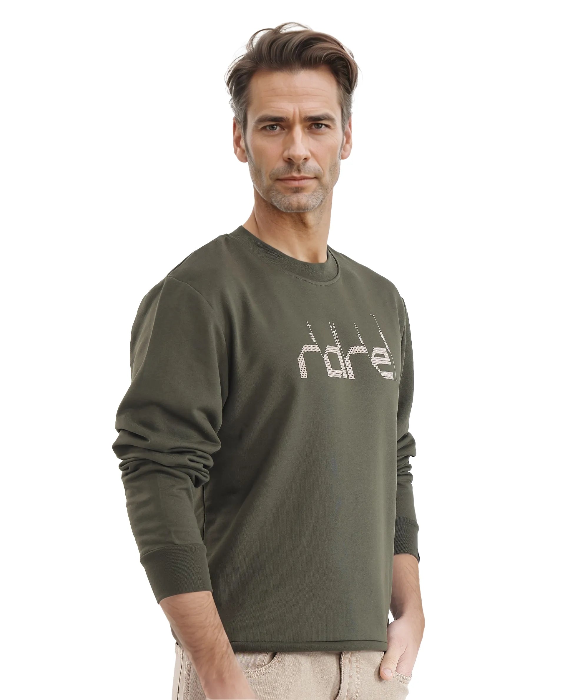 Rare Rabbit Men Emry Olive Cotton Polyester Fabric Full Sleeve Crew Neck Regular Fit Printed Sweatshirt