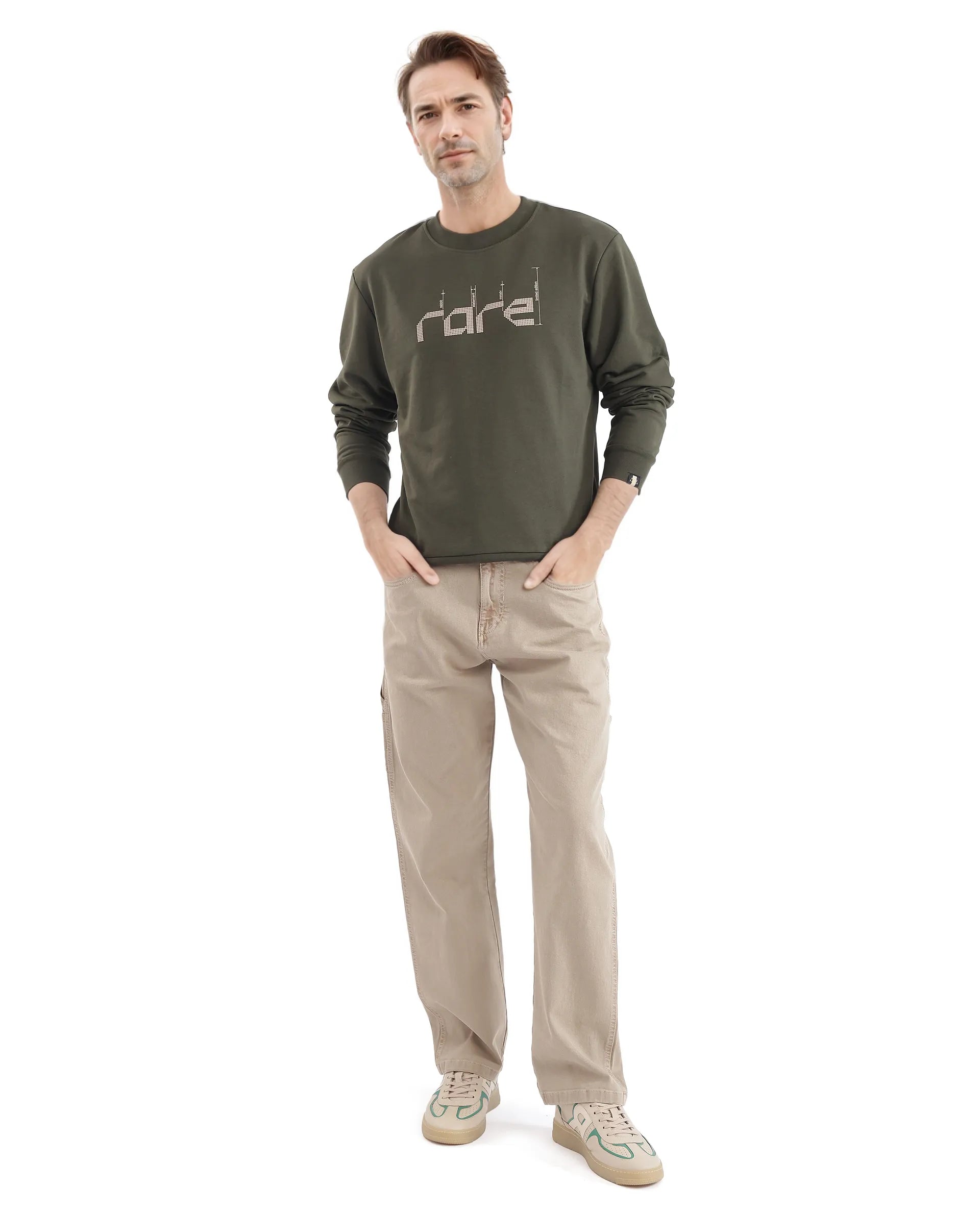 Rare Rabbit Men Emry Olive Cotton Polyester Fabric Full Sleeve Crew Neck Regular Fit Printed Sweatshirt