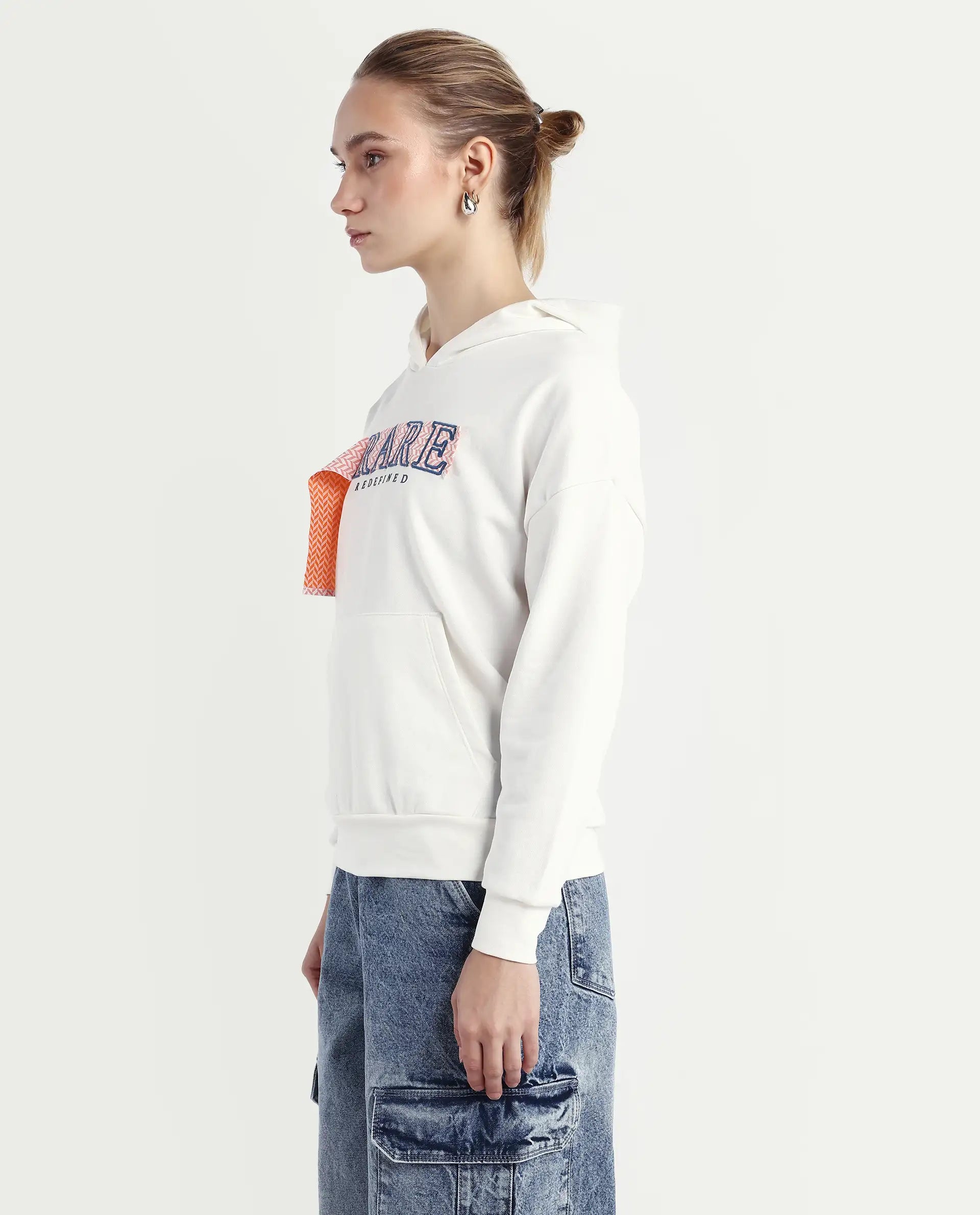 Rareism Women's Emtap Off White Cotton Blend Hooded Graphic Print Relaxed Fit Sweatshirt