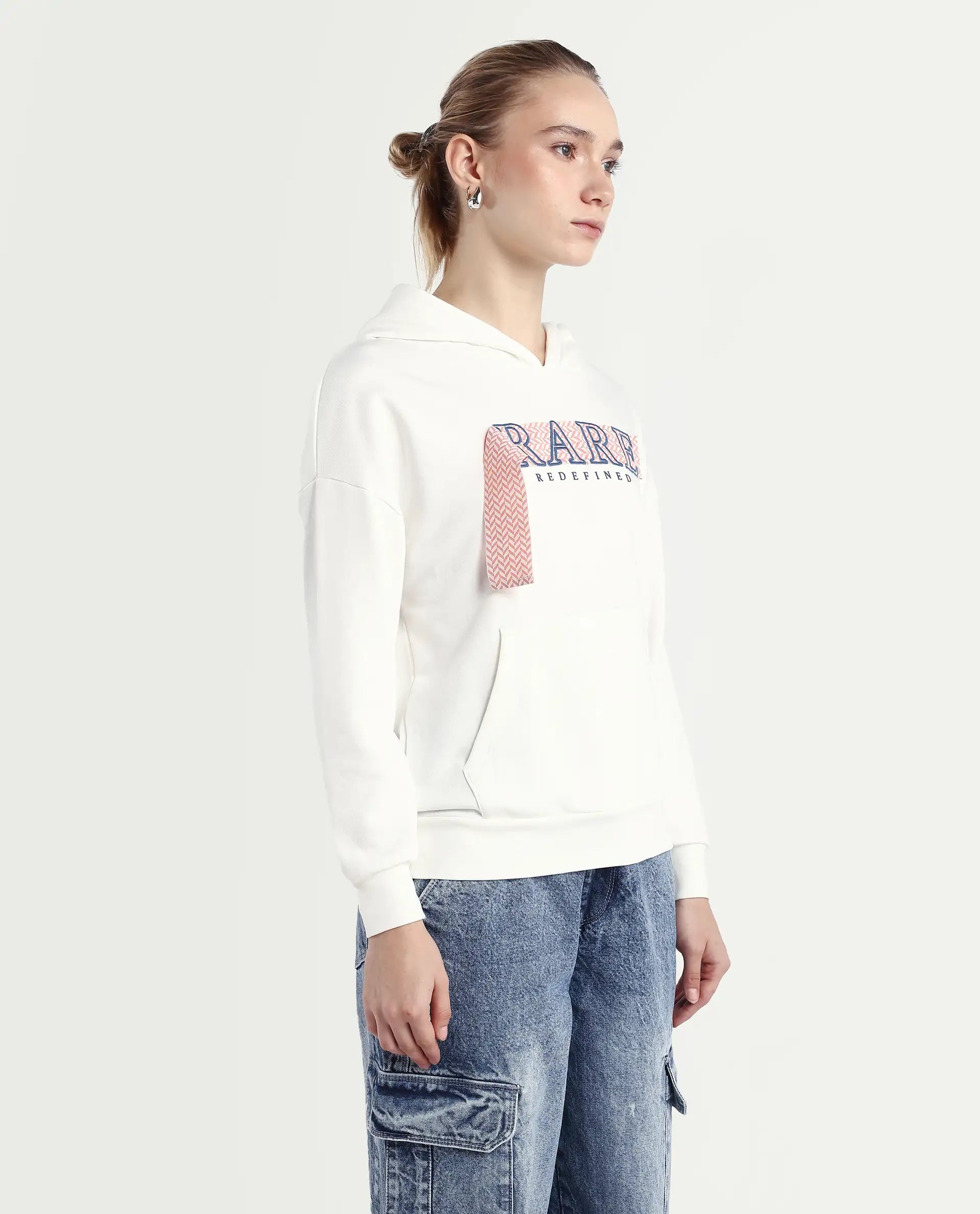 Rareism Women's Emtap Off White Cotton Blend Hooded Graphic Print Relaxed Fit Sweatshirt
