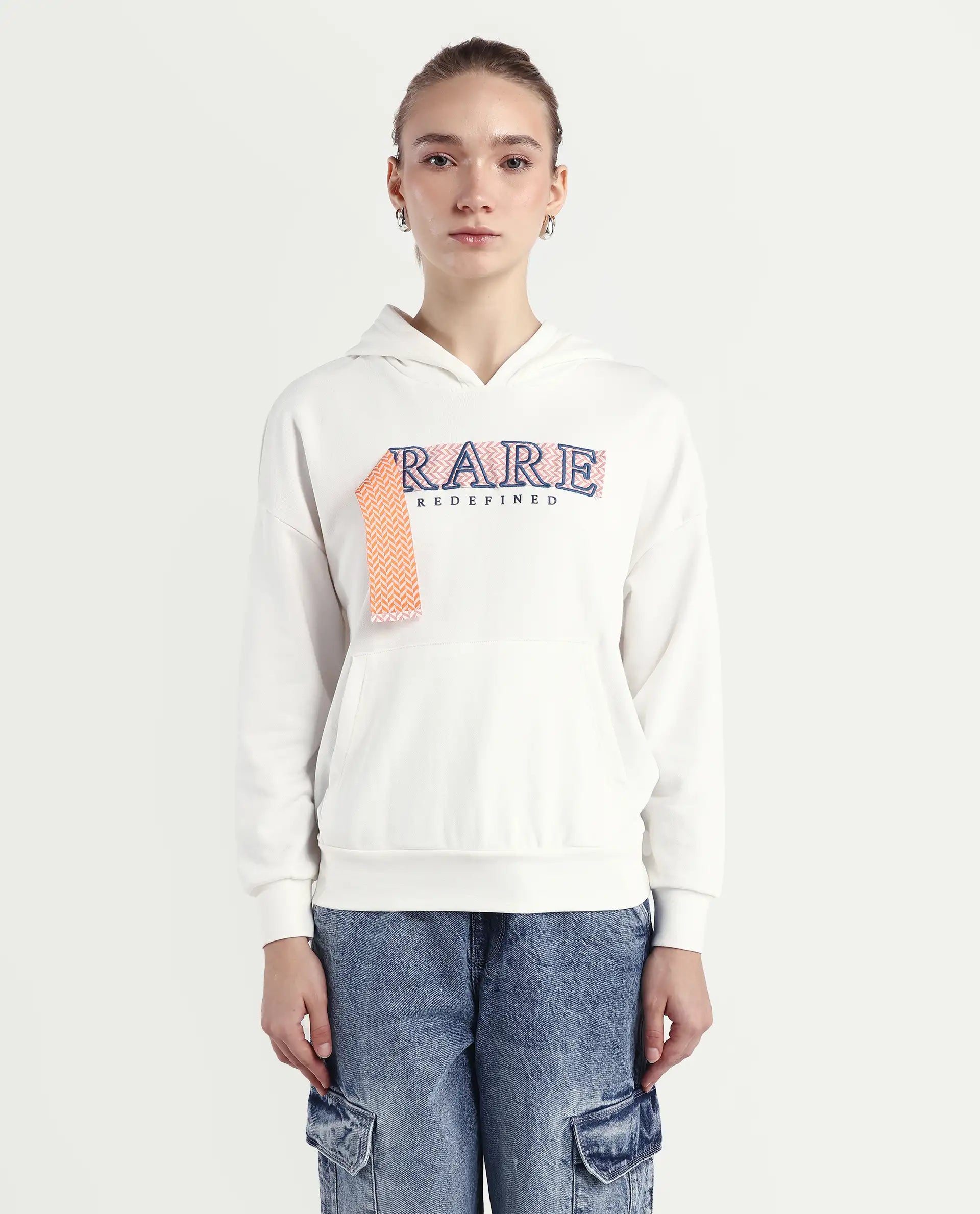 Rareism Women's Emtap Off White Cotton Blend Hooded Graphic Print Relaxed Fit Sweatshirt