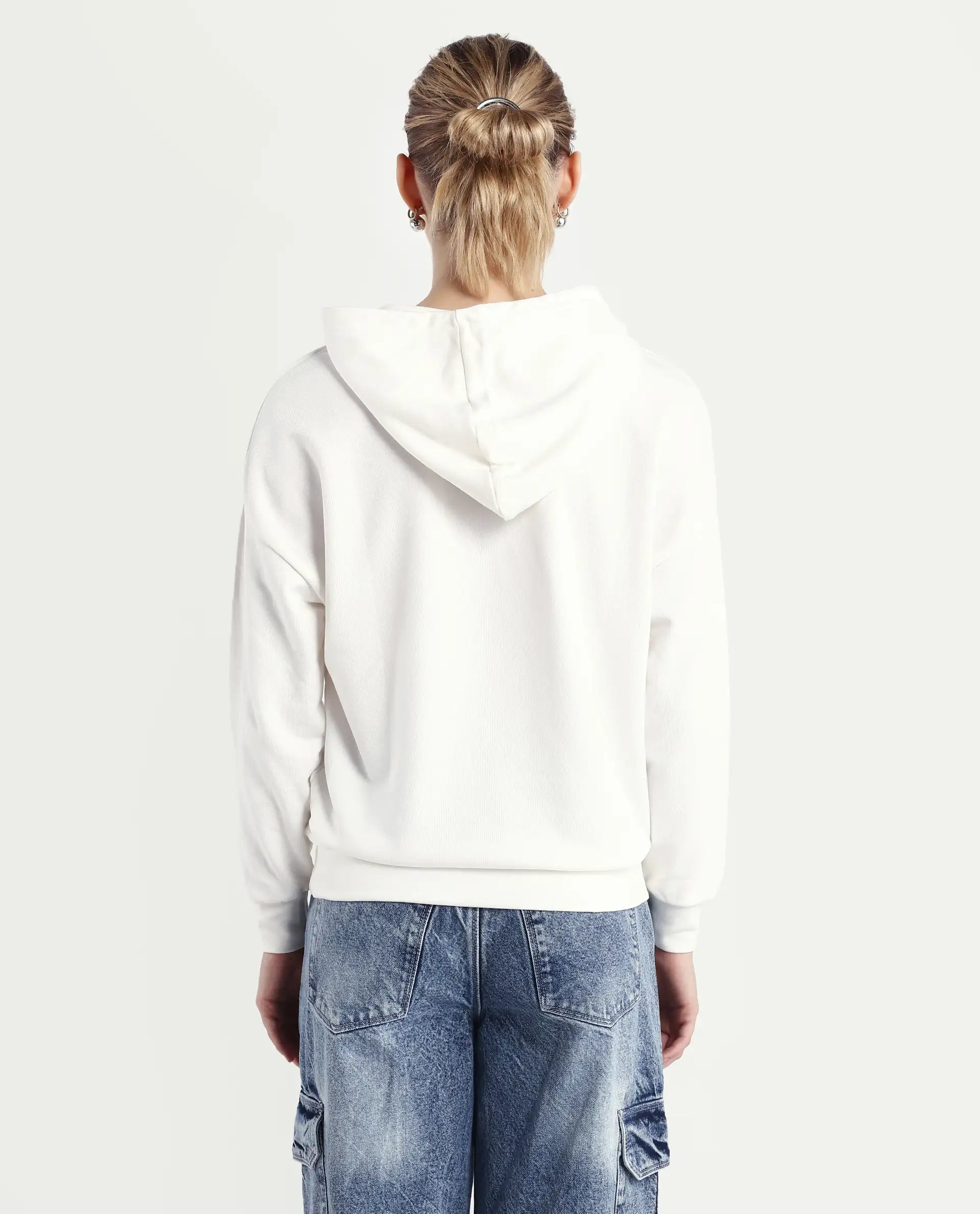 Rareism Women's Emtap Off White Cotton Blend Hooded Graphic Print Relaxed Fit Sweatshirt