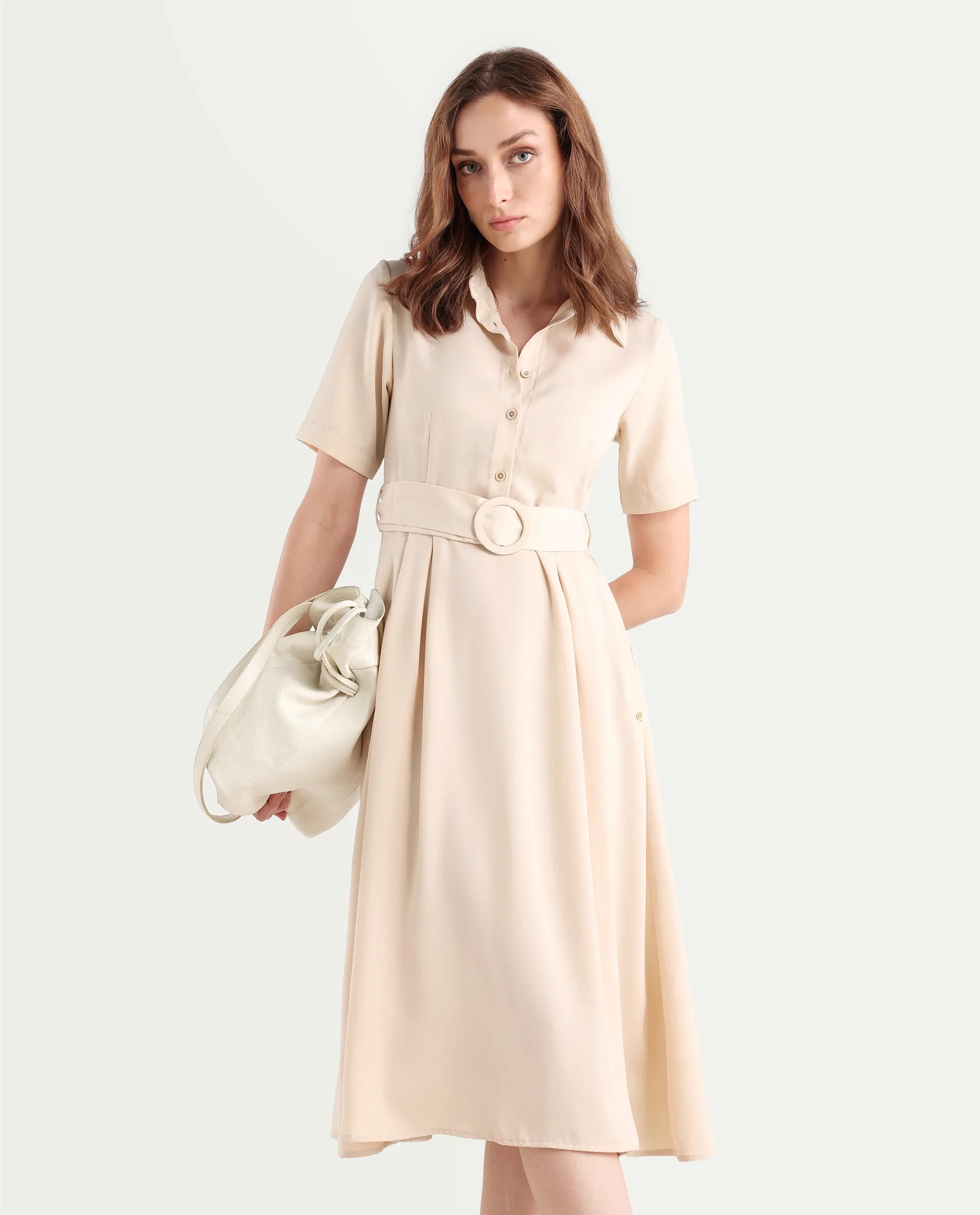 Rareism Women's Enbarry Off White Satin Drop Collar Plain Boxy Sleeve Midi Fit And Flare Dress