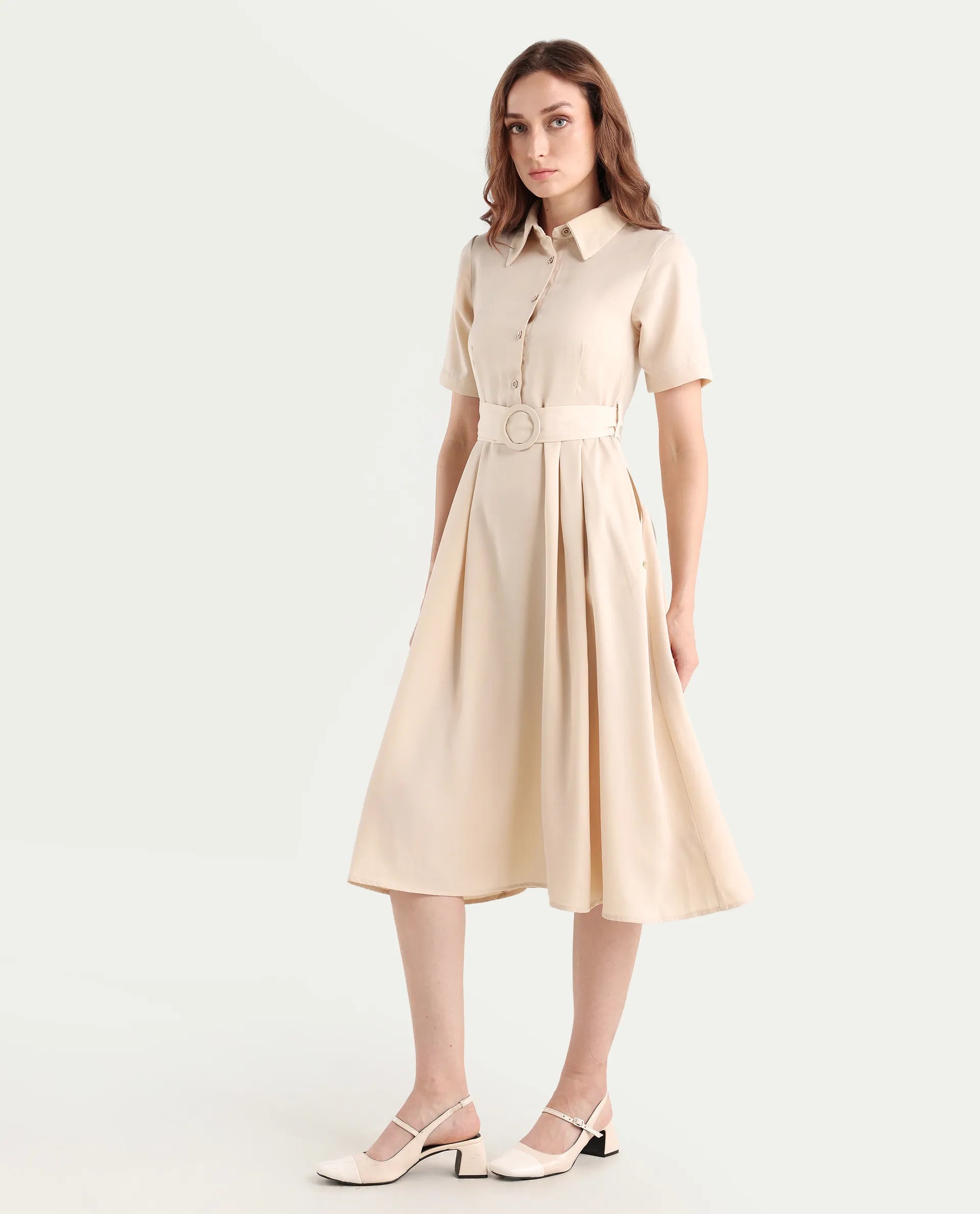 Rareism Women's Enbarry Off White Satin Drop Collar Plain Boxy Sleeve Midi Fit And Flare Dress