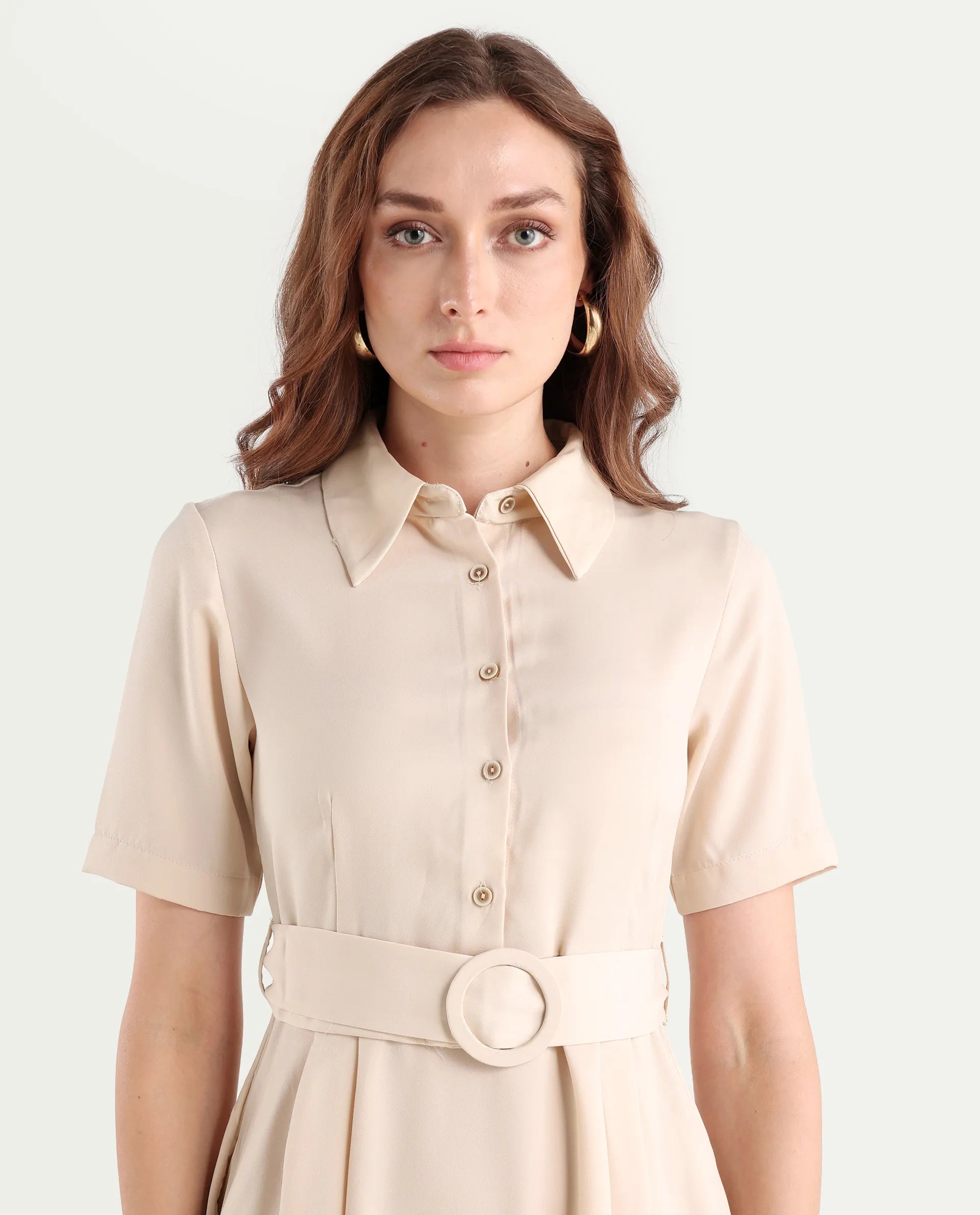 Rareism Women's Enbarry Off White Satin Drop Collar Plain Boxy Sleeve Midi Fit And Flare Dress