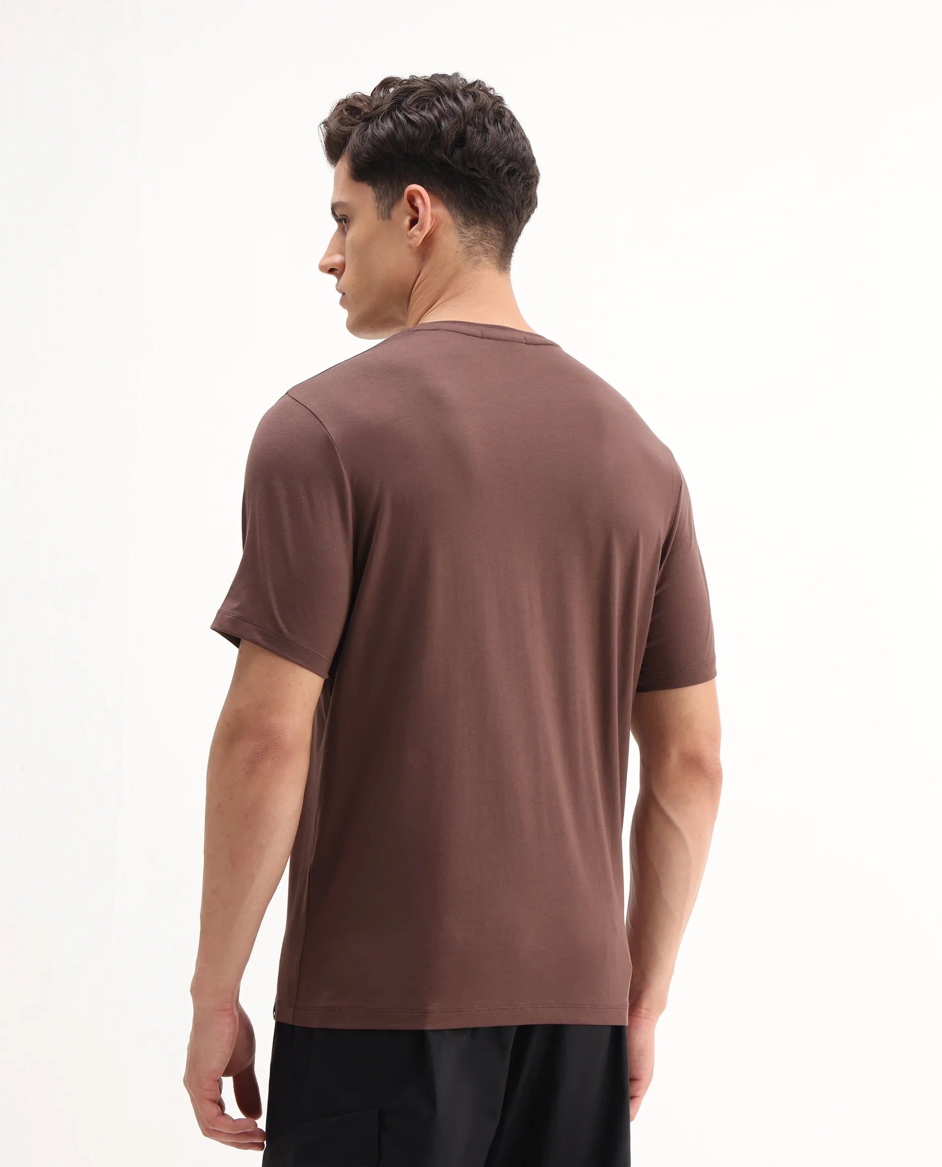 Rare Rabbit Men's Enc Dusky Brown Cotton Blend Graphic Print Regular Fit Half Sleeve Crew Neck T-Shirt