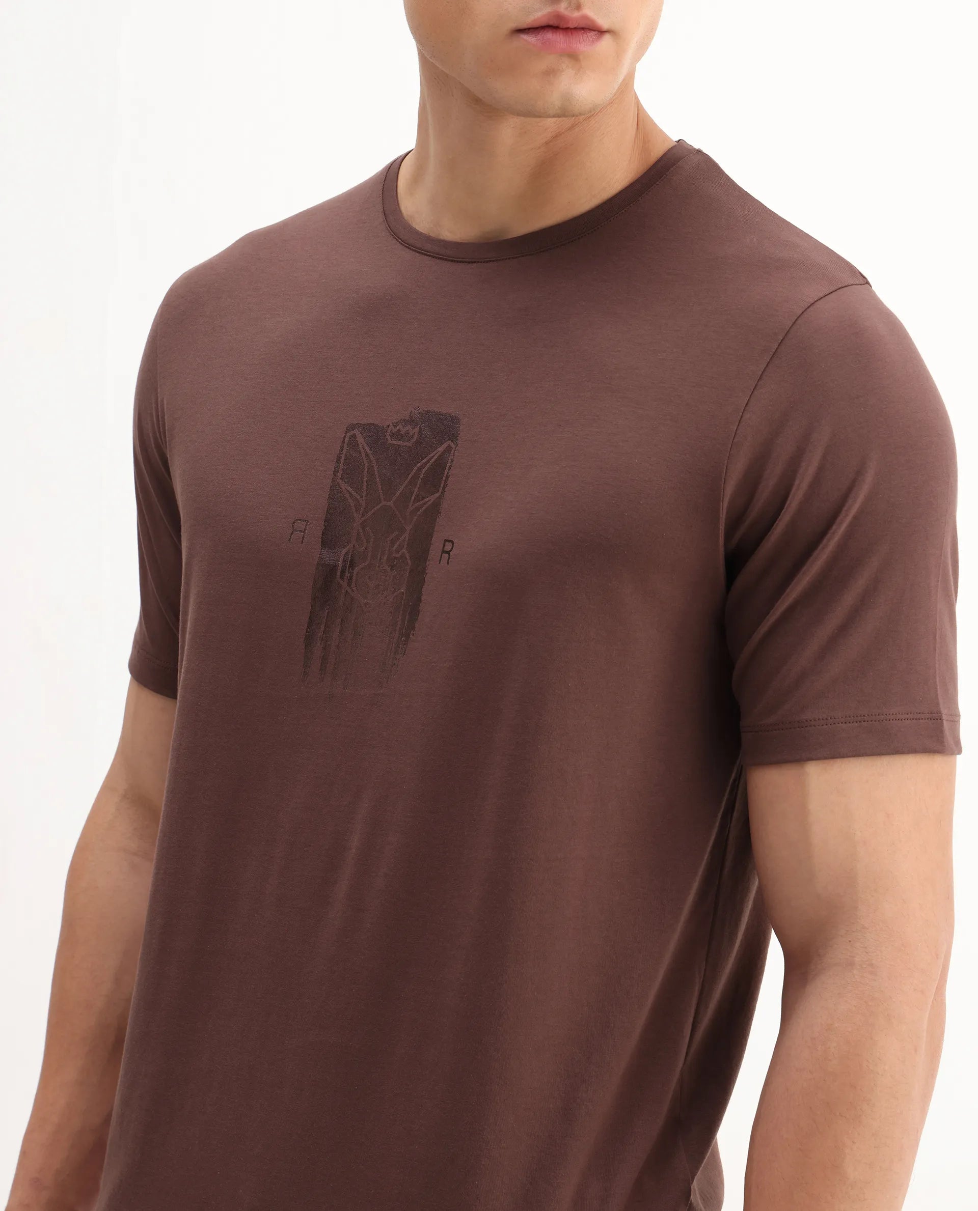 Rare Rabbit Men's Enc Dusky Brown Cotton Blend Graphic Print Regular Fit Half Sleeve Crew Neck T-Shirt