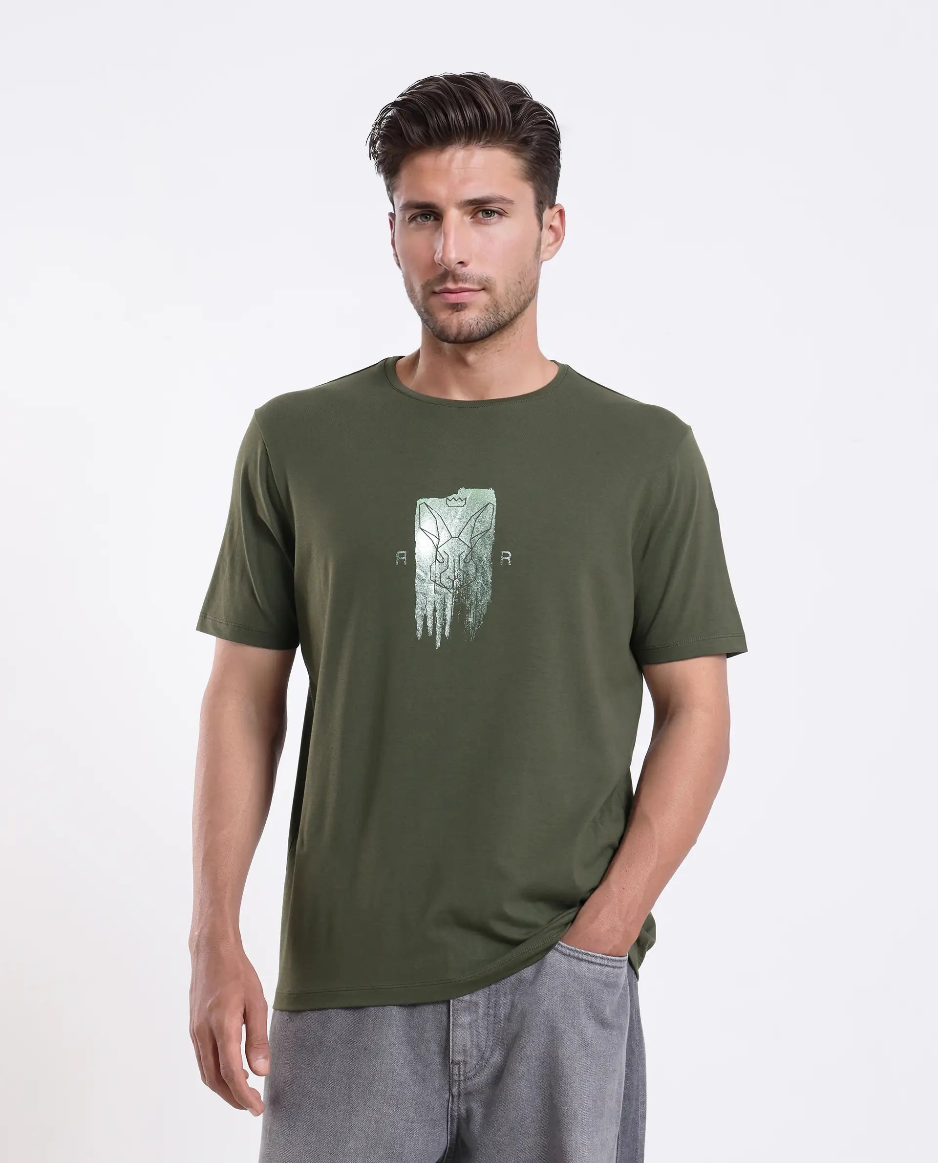 Rare Rabbit Men's Enc Olive Cotton Blend Graphic Print Regular Fit Half Sleeve Crew Neck T-Shirt