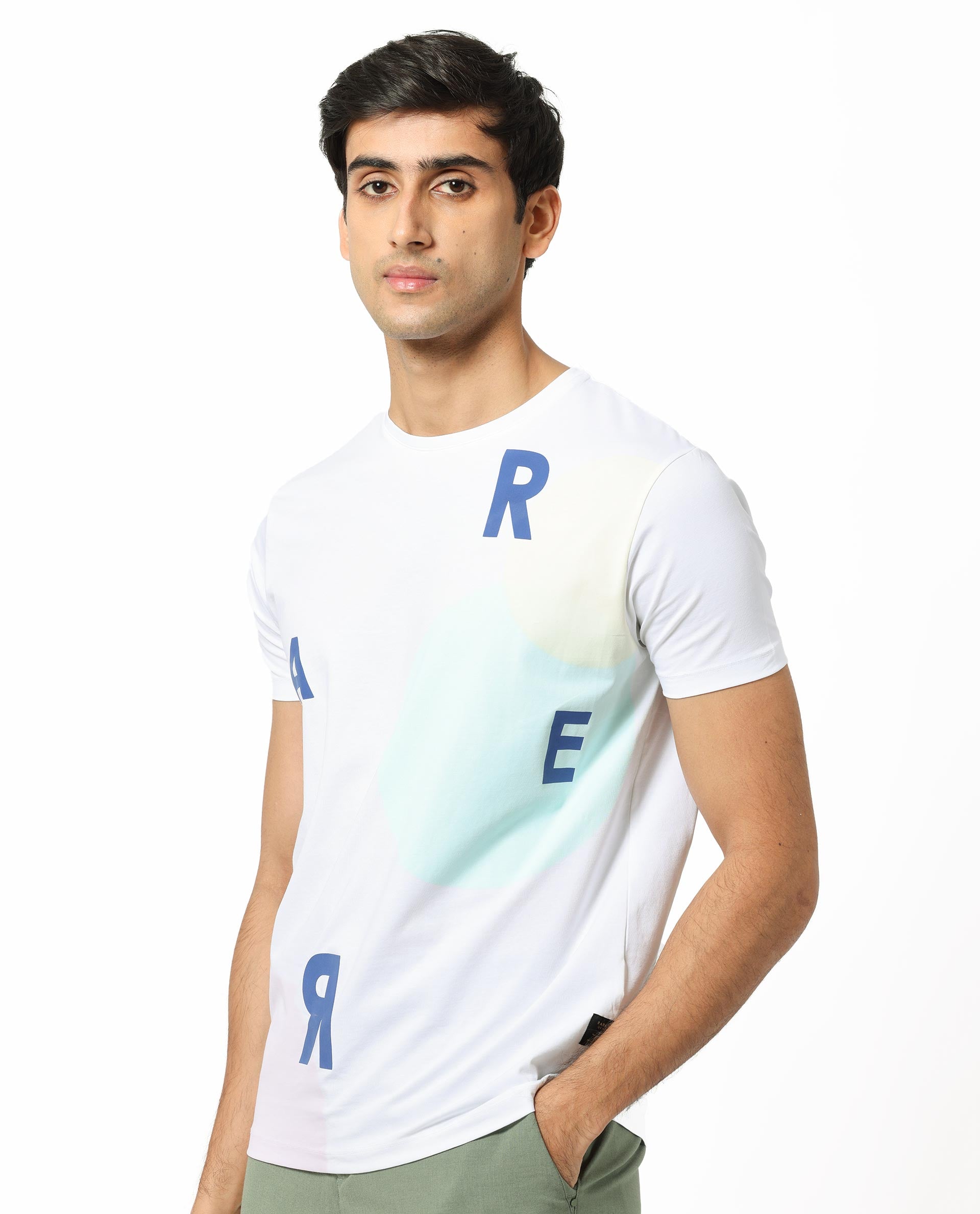 Rare Rabbit Men's Enders White Crew Neck HD Overall Placement Print Branding Half Sleeves Round Neck Slim Fit
