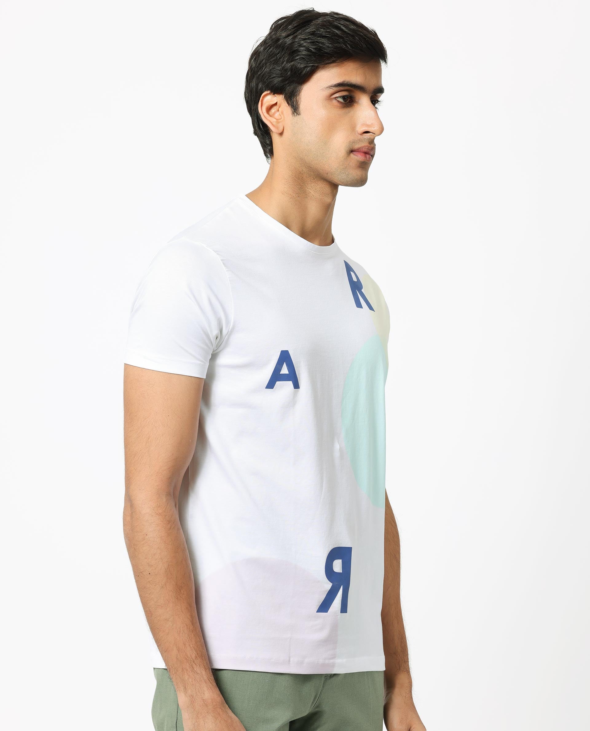 Rare Rabbit Men's Enders White Crew Neck HD Overall Placement Print Branding Half Sleeves Round Neck Slim Fit